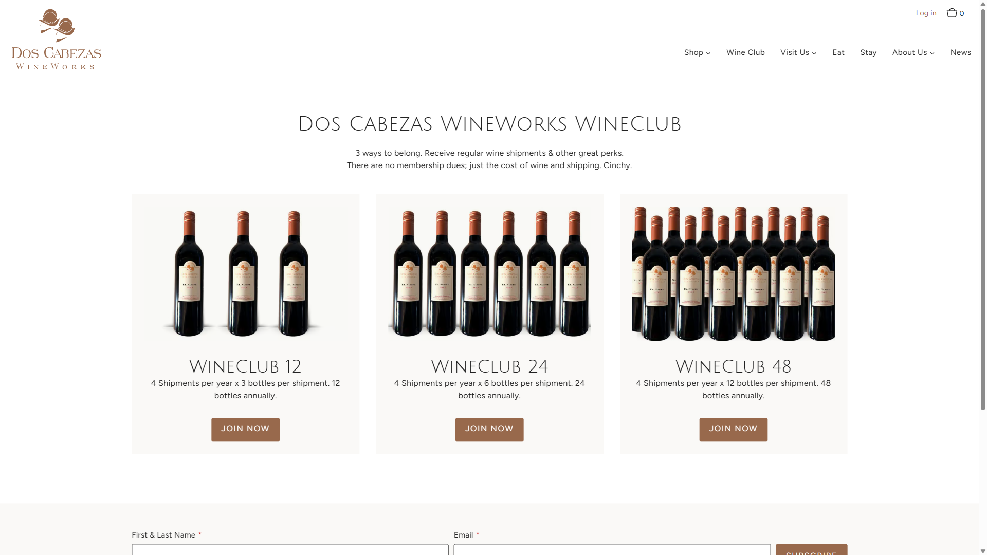 The Dos Cabezas WineWorks WineClub page on desktop, offering WineClub 12, 24 and 48 with photographs of 3, 6 and 12 bottles and Join Now buttons.