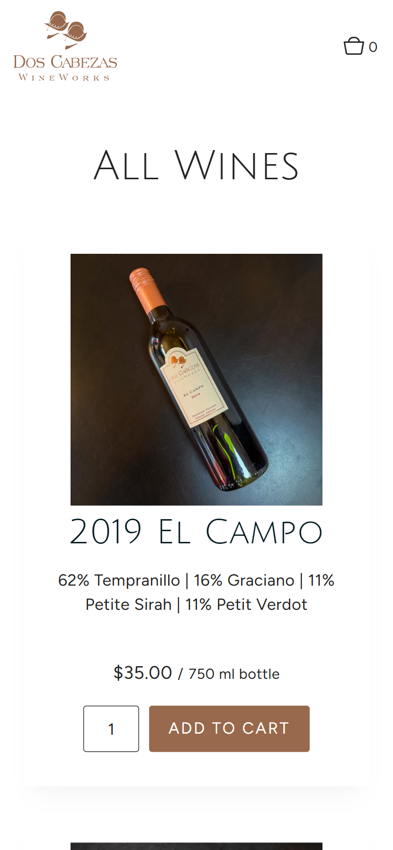 The All Wines shop on a phone, showing the 2019 El Campo blend of Tempranillo, Graciano, Petite Sirah and Petit Verdot at $35.00 with an Add to Cart button.