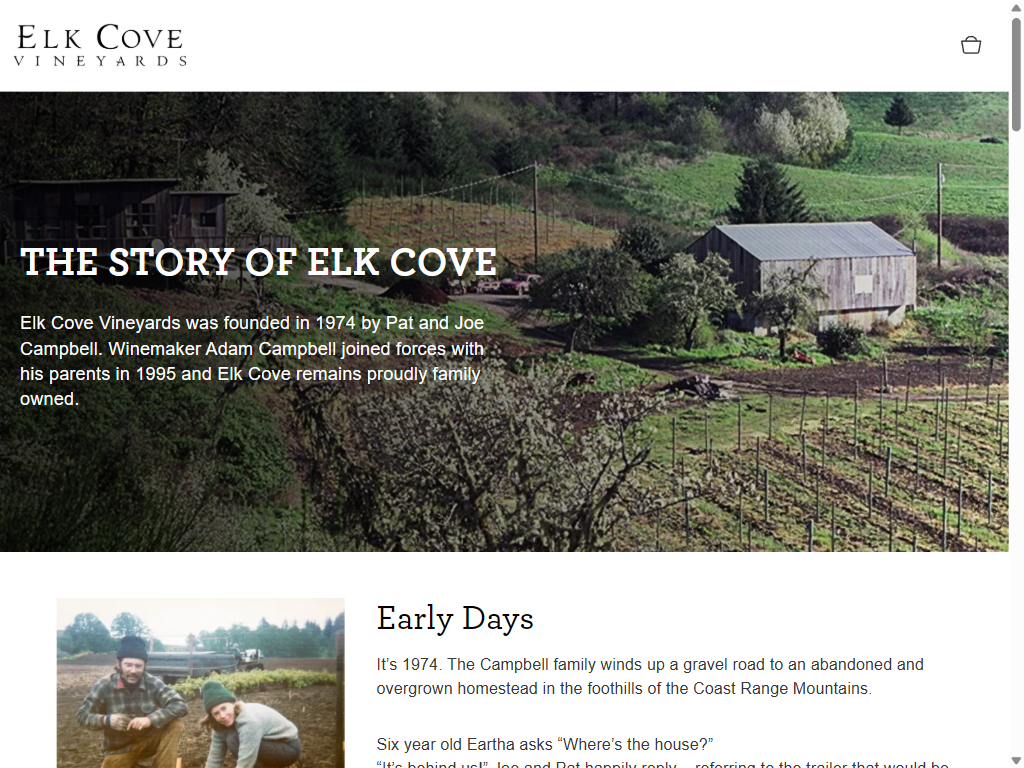 The Story of Elk Cove page on a tablet: an early photograph of the farmhouse and young vineyard, above an "Early Days" section.