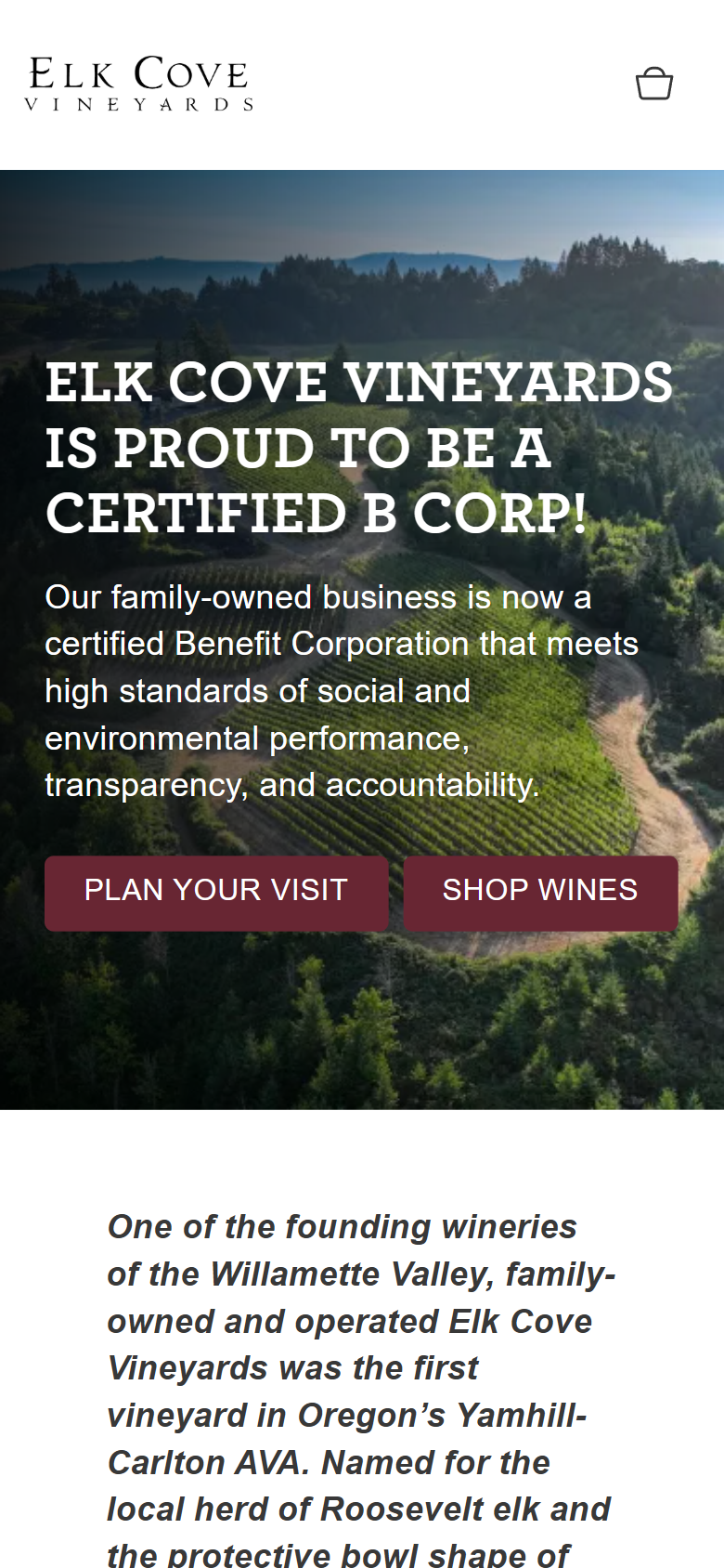The Elk Cove home page on a phone: the aerial vineyard view with the B Corp headline and Plan Your Visit and Shop Wines buttons.