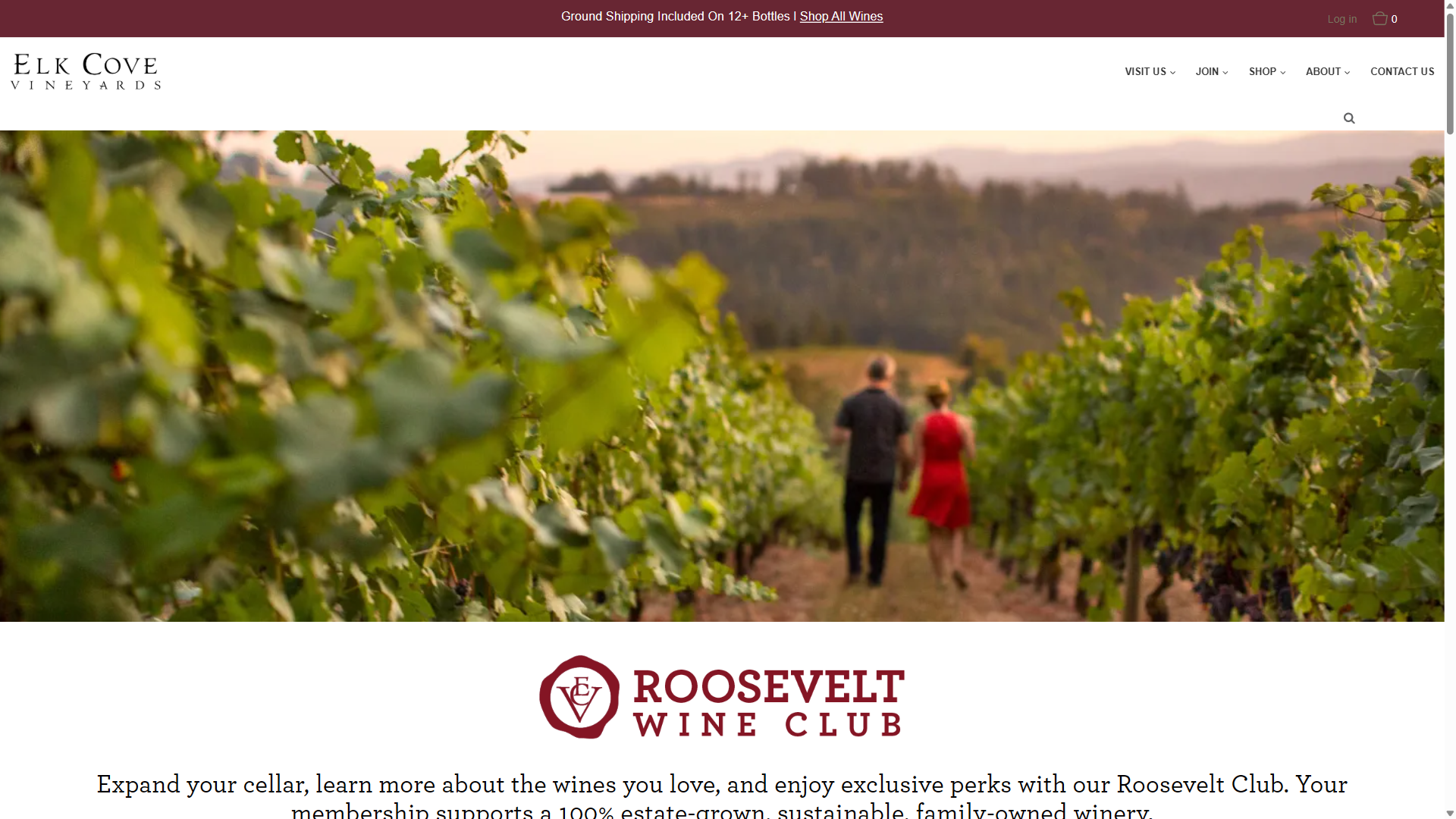 The Elk Cove wine club page on desktop: a couple walking between vine rows in evening light, above the Roosevelt Wine Club logo.