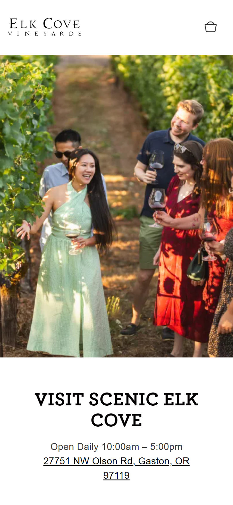The wine tasting page on a phone: friends in the vineyard above the heading "Visit Scenic Elk Cove", the daily opening hours and the tasting room address in Gaston, Oregon.