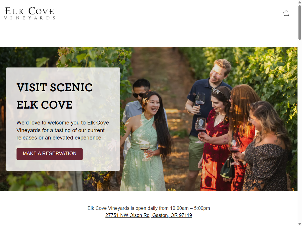The wine tasting page on a tablet: friends laughing over glasses of wine in the vineyard, beside the heading "Visit Scenic Elk Cove" and a Make a Reservation button.