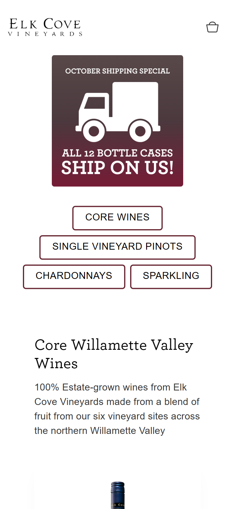 The wines page on a phone: an October shipping special offering free shipping on 12-bottle cases, above filters for Core Wines, Single Vineyard Pinots, Chardonnays and Sparkling.