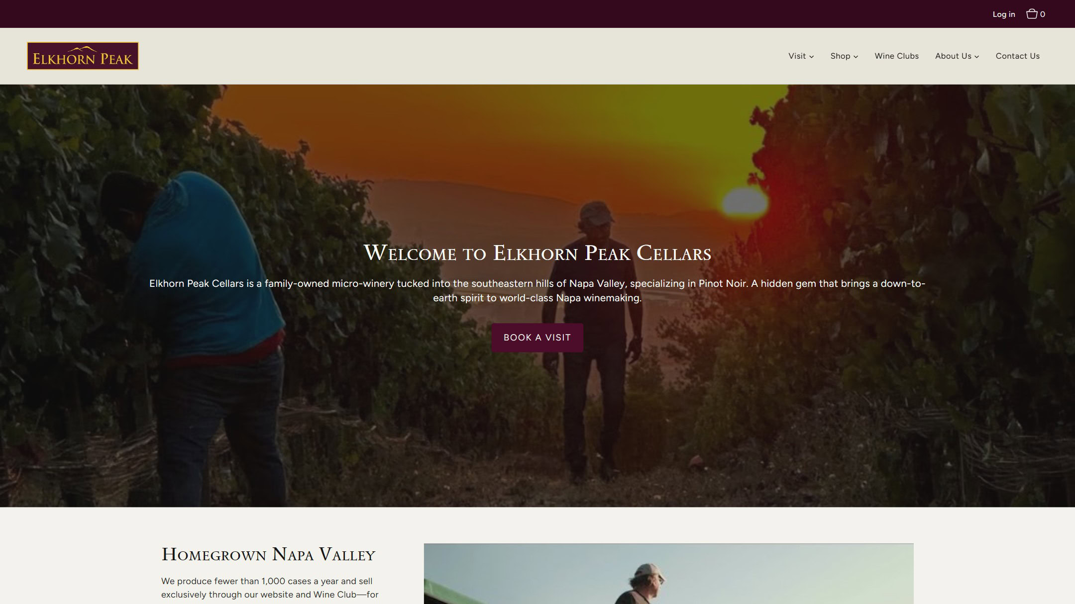 The Elkhorn Peak Cellars home page we built: Welcome to Elkhorn Peak Cellars and a Book a Visit button