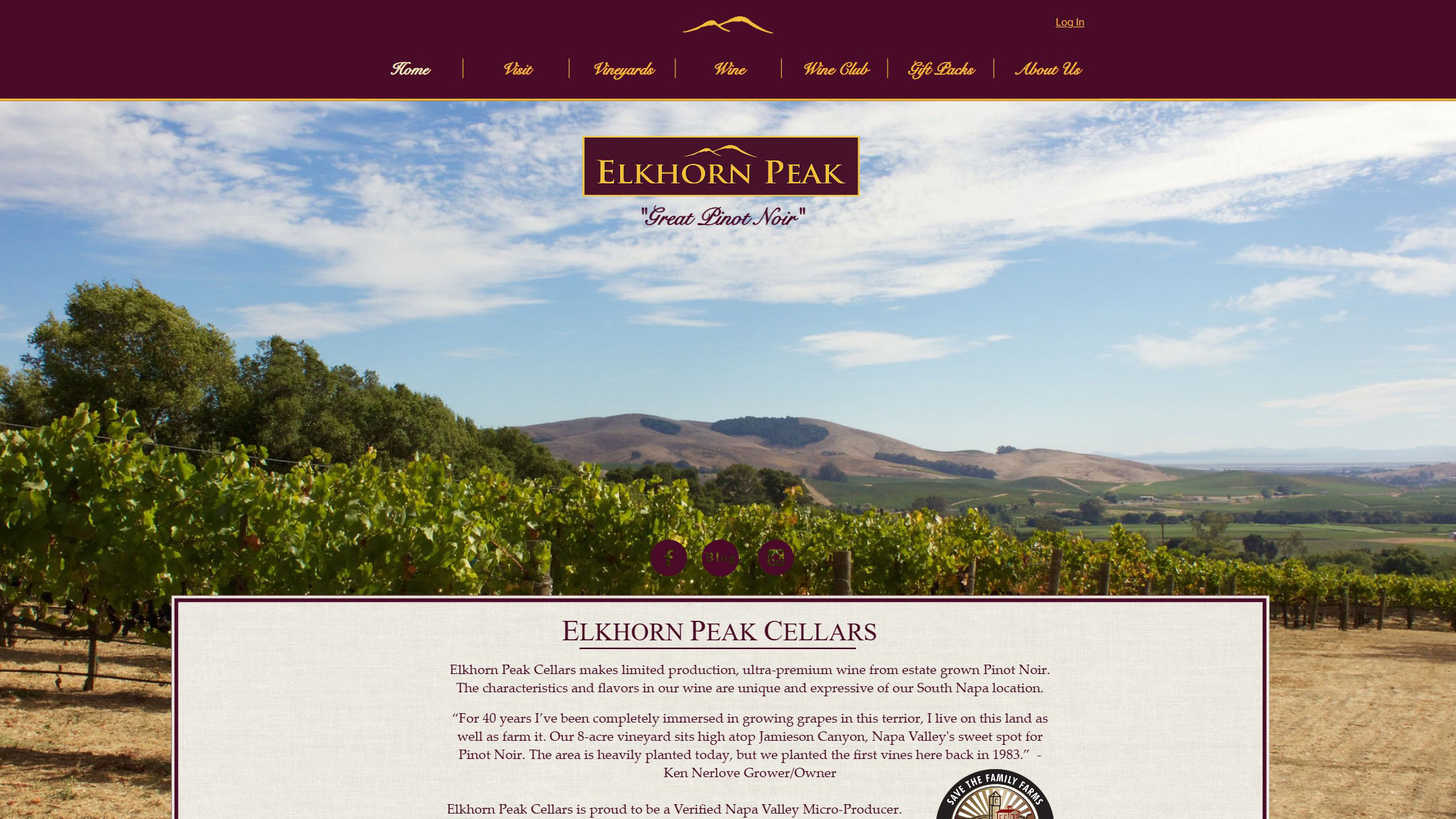 The Elkhorn Peak Cellars home page before 5forests: a vineyard photograph under the old logo and menu