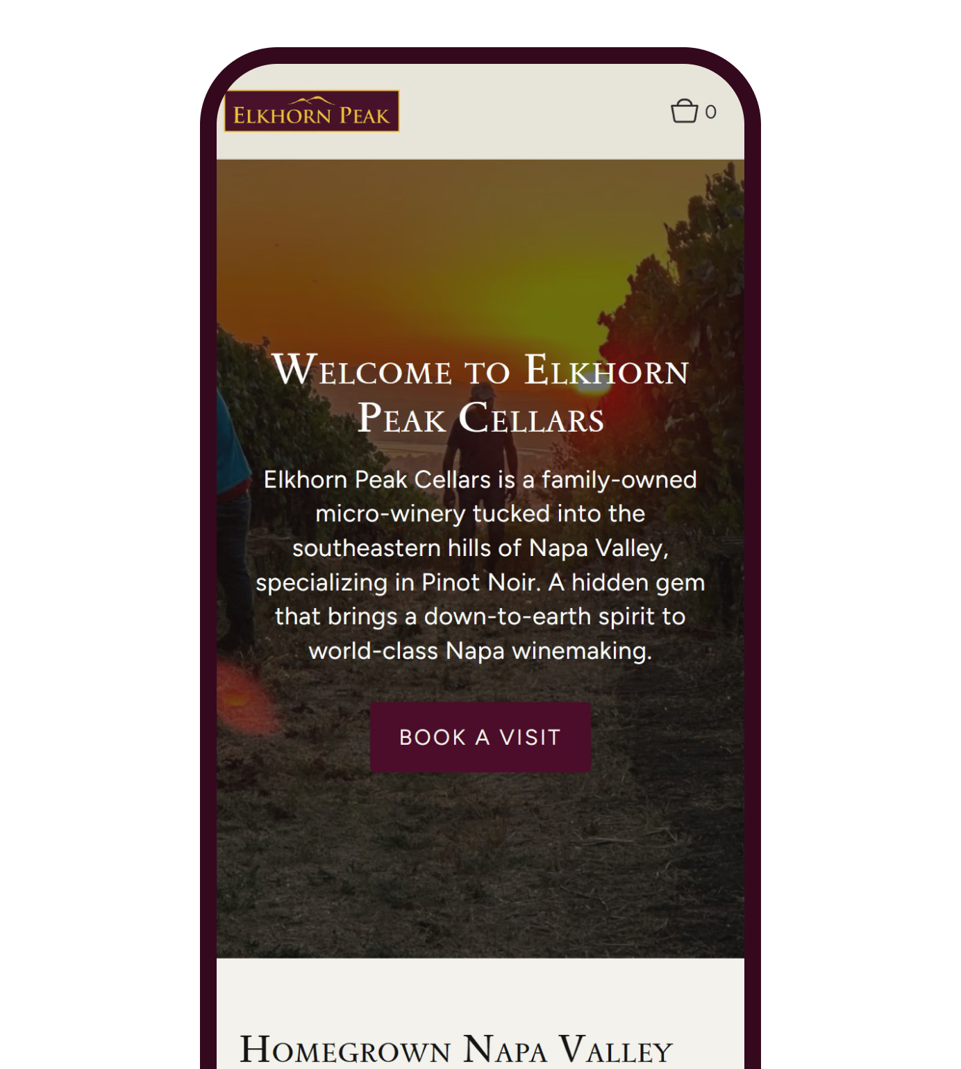The Elkhorn Peak Cellars home page on a phone