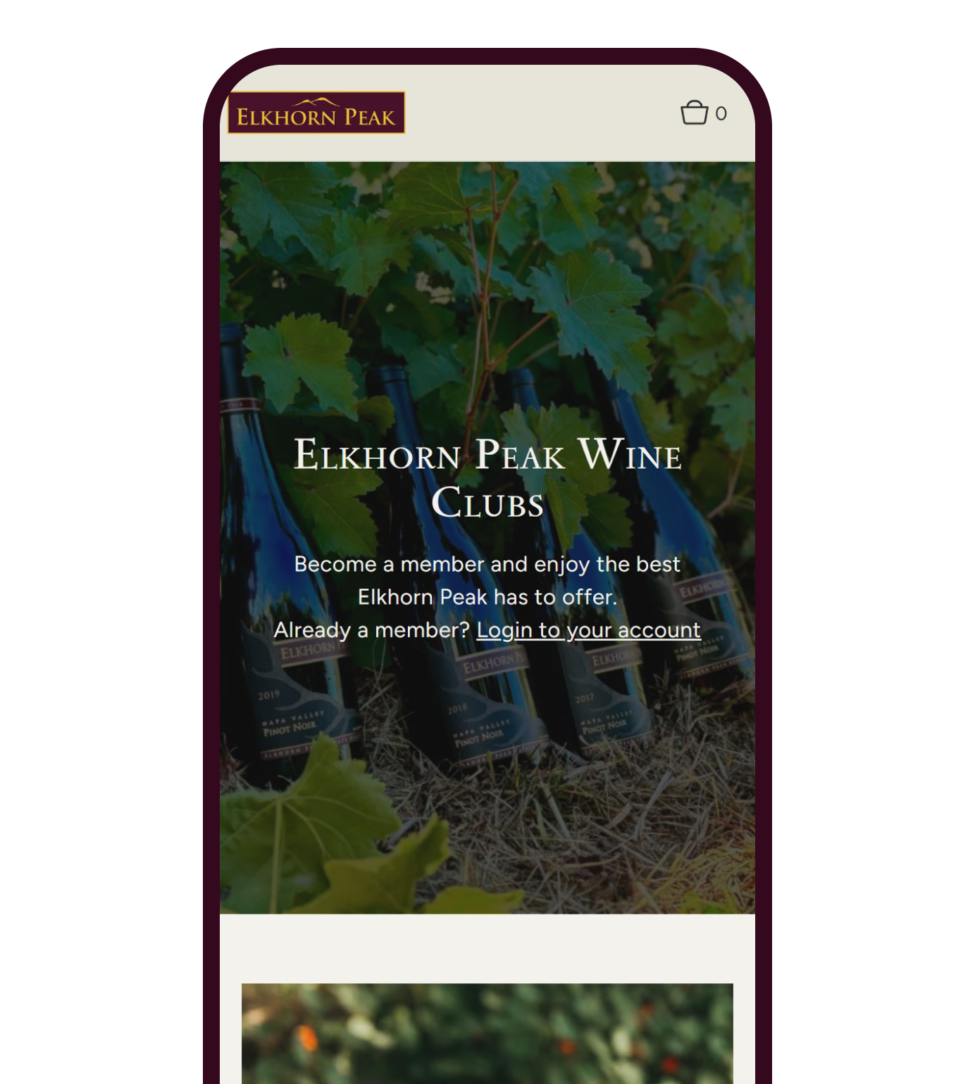 The Elkhorn Peak Wine Clubs page on a phone