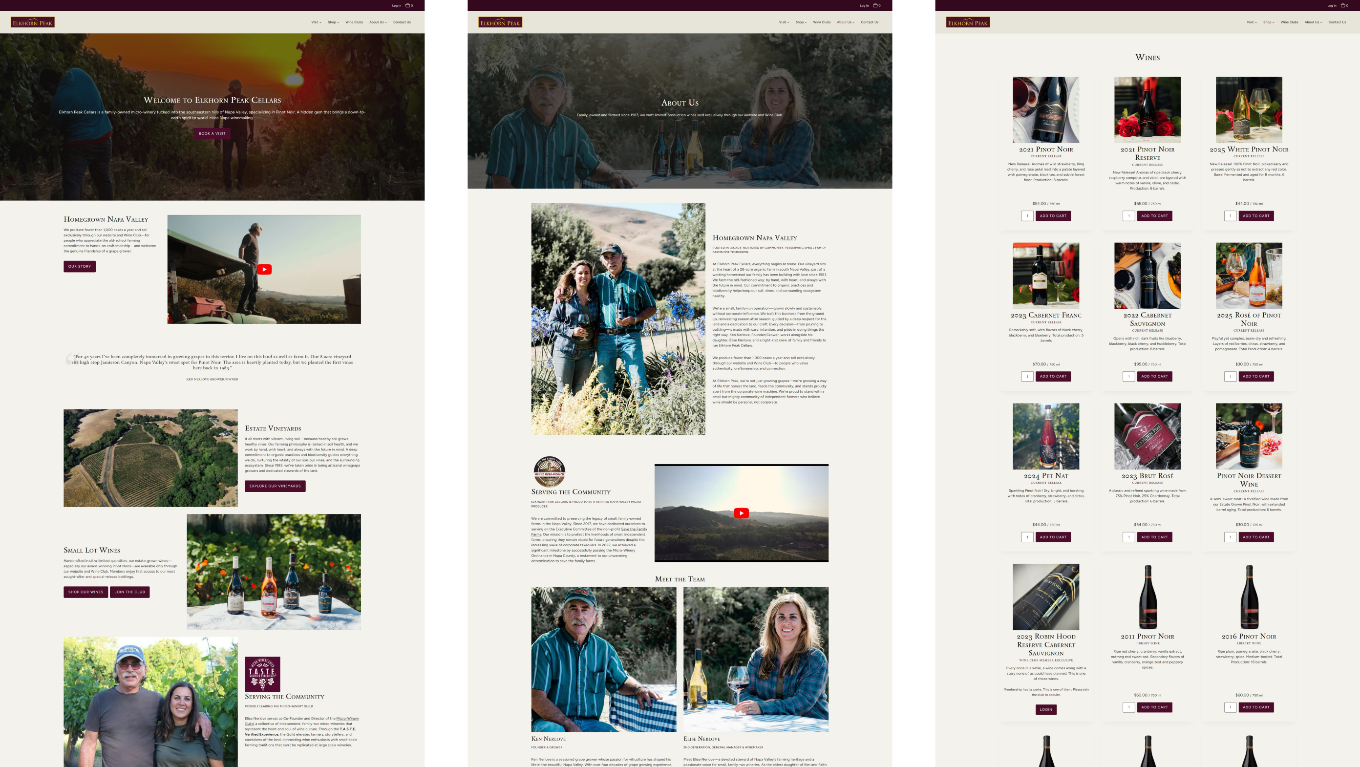 Three Elkhorn Peak Cellars pages: home, About Us and Wines