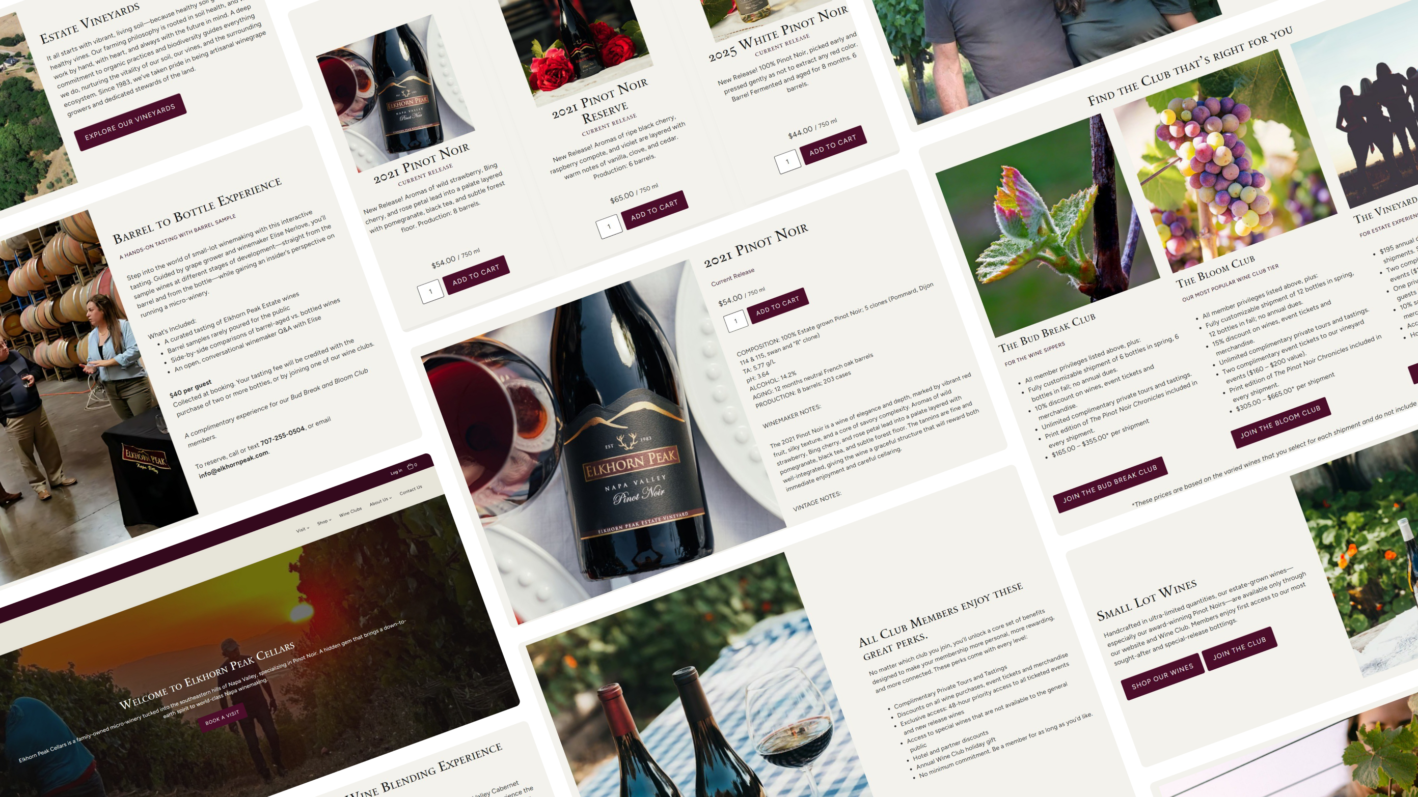 Pieces of the Elkhorn Peak Cellars website and phone screens, from the wine shop and wine clubs to vineyard experiences and the family’s story