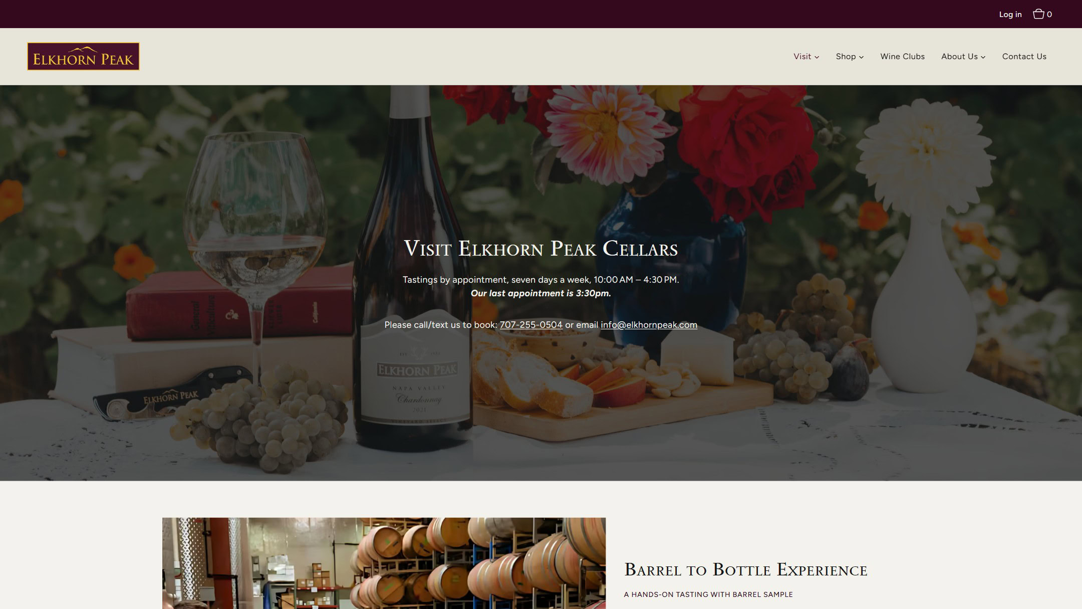 The Elkhorn Peak Visit page we built: tasting hours under a photograph, then the Barrel to Bottle Experience