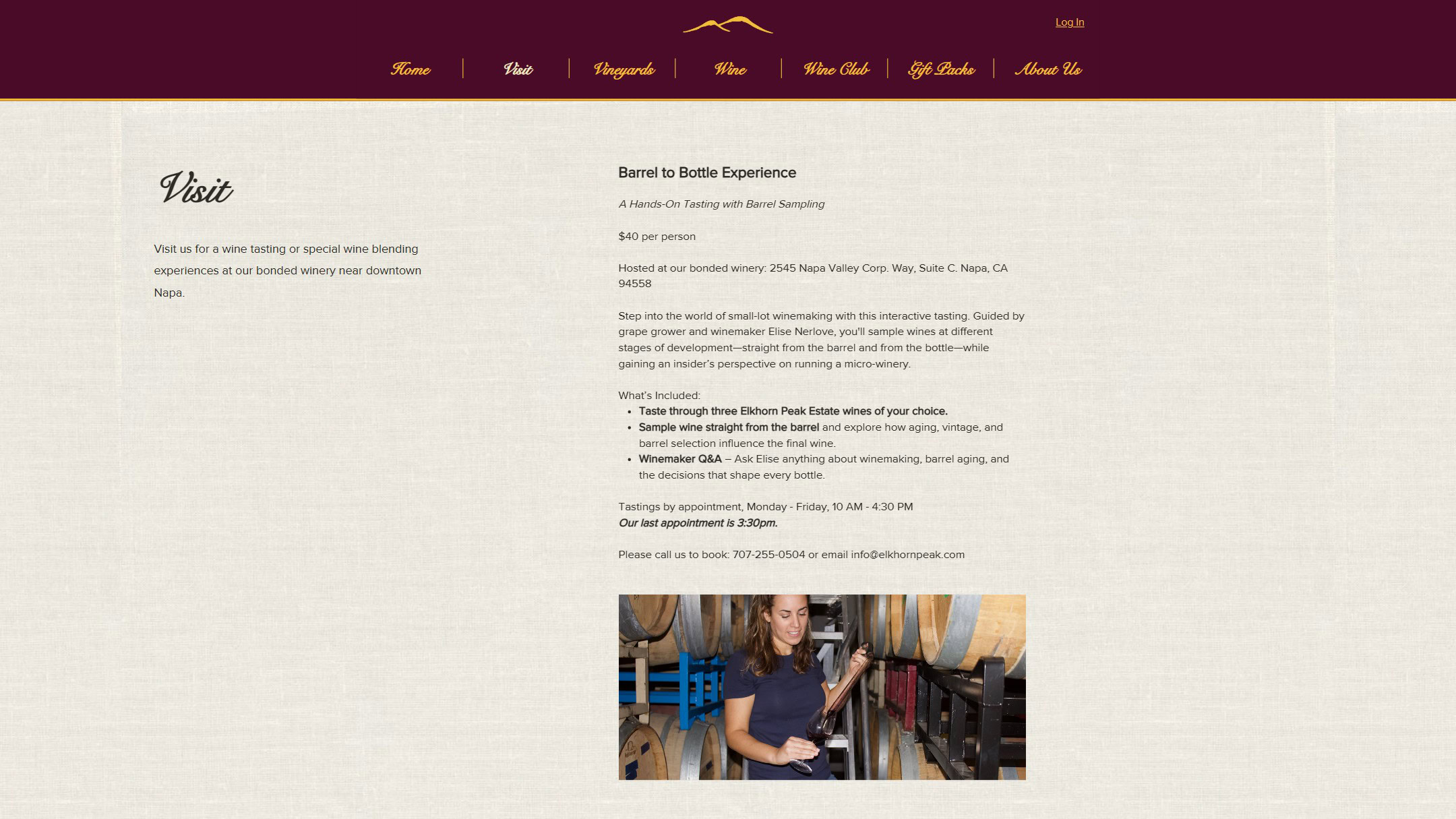 The old Elkhorn Peak Visit page: the tasting details as a single column of text