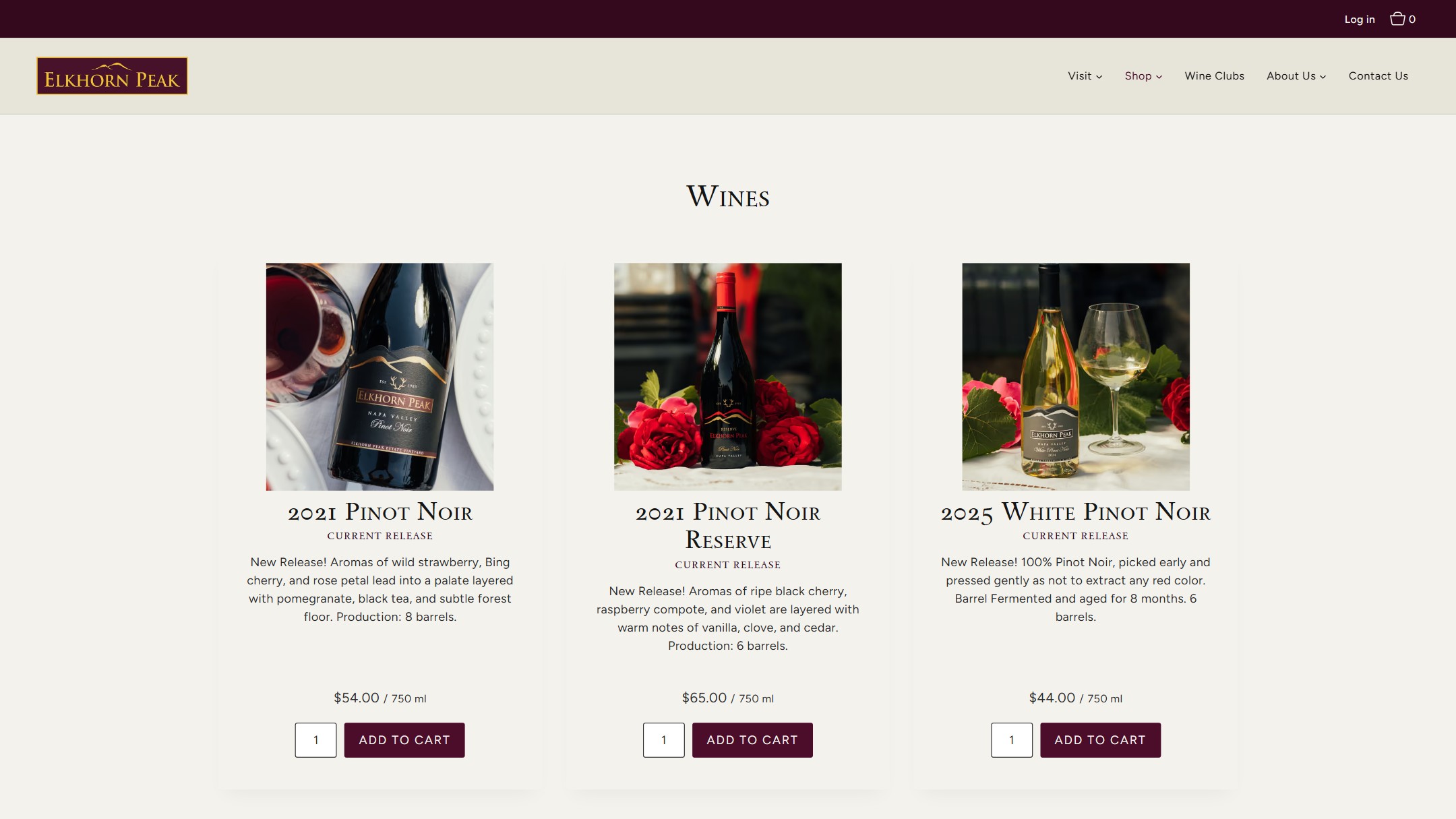 The Elkhorn Peak Wines page we built: current releases with prices and Add to Cart buttons