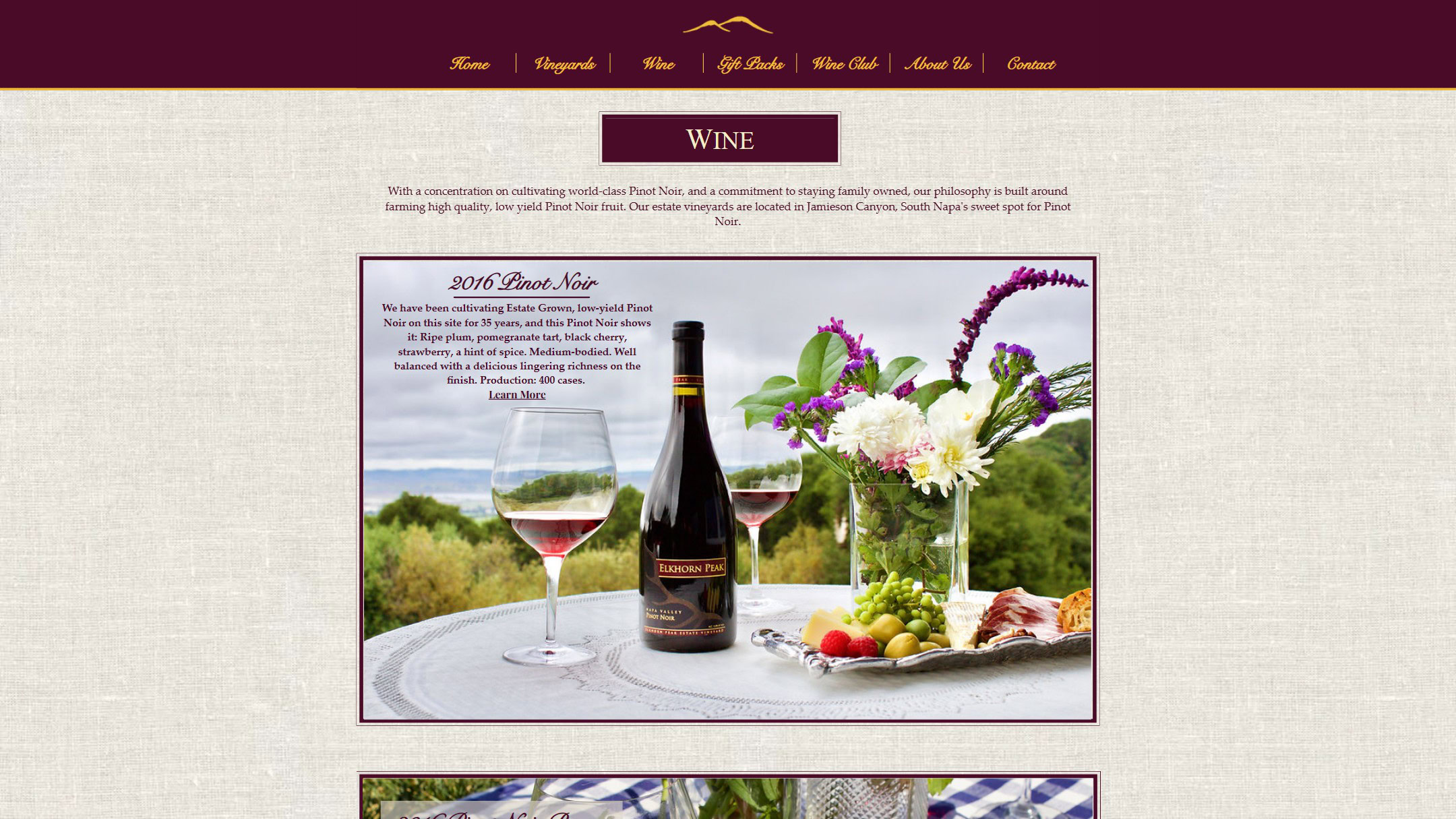 The old Elkhorn Peak Wine page: one featured Pinot Noir in a framed panel