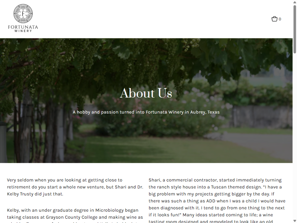 The About Us page on a tablet: a row of trees on the estate under the heading "About Us" and the line "A hobby and passion turned into Fortunata Winery in Aubrey, Texas".