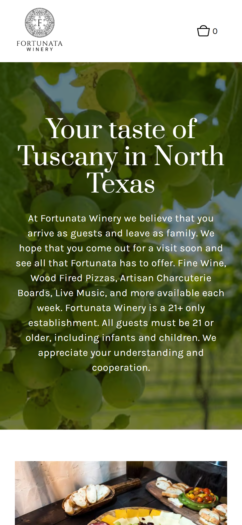The Fortunata home page on a phone: the grape clusters under "Your taste of Tuscany in North Texas" and the winery's welcome note.