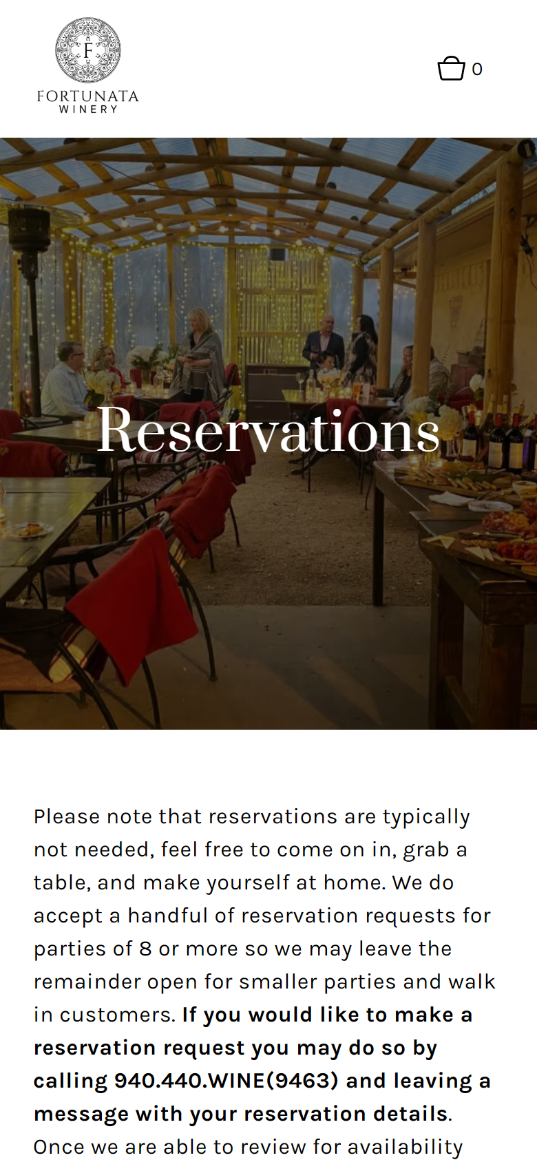 The Reservations page on a phone: the tasting room interior above the reservation policy for walk-ins and larger groups.
