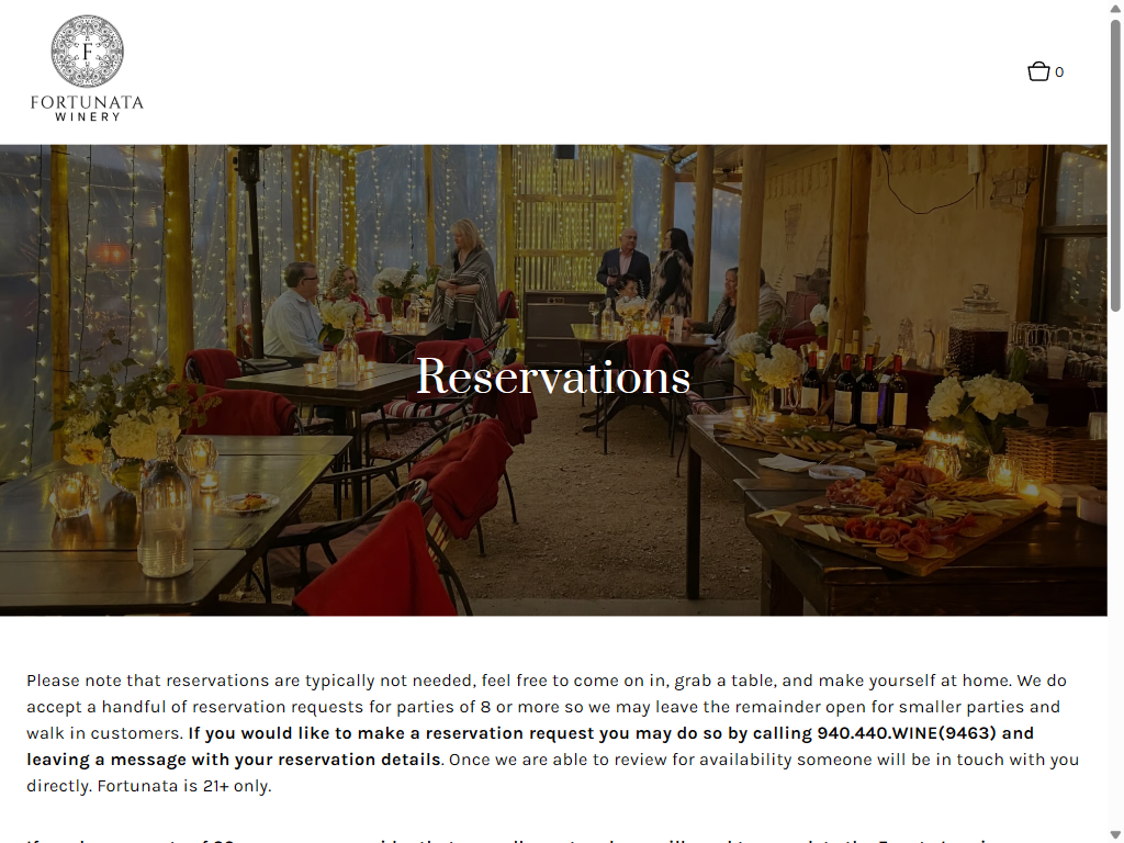 The Reservations page on a tablet: the tasting room's tables beneath strings of lights, above a note that most guests can walk in and how to request a reservation for larger groups.