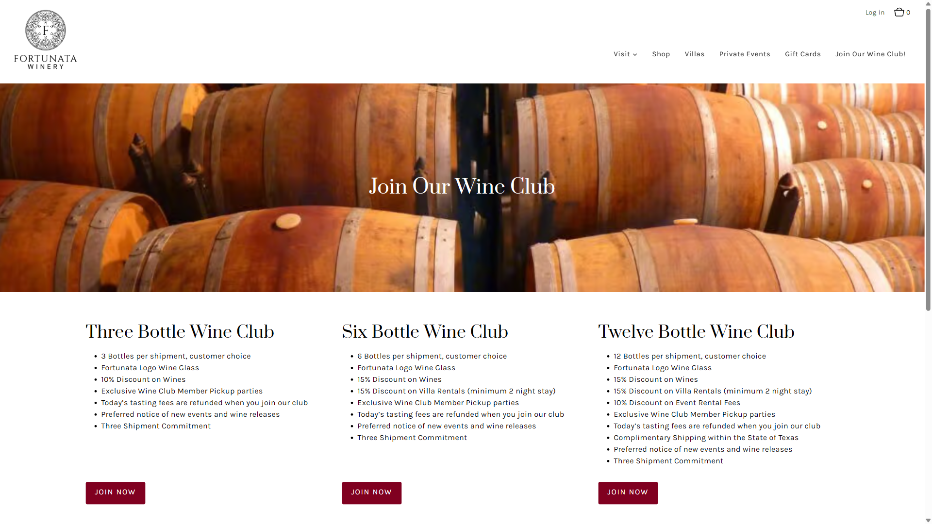 The Fortunata wine club page on desktop: stacked oak barrels under the heading "Join Our Wine Club", above the Three, Six and Twelve Bottle Wine Club options and their Join Now buttons.