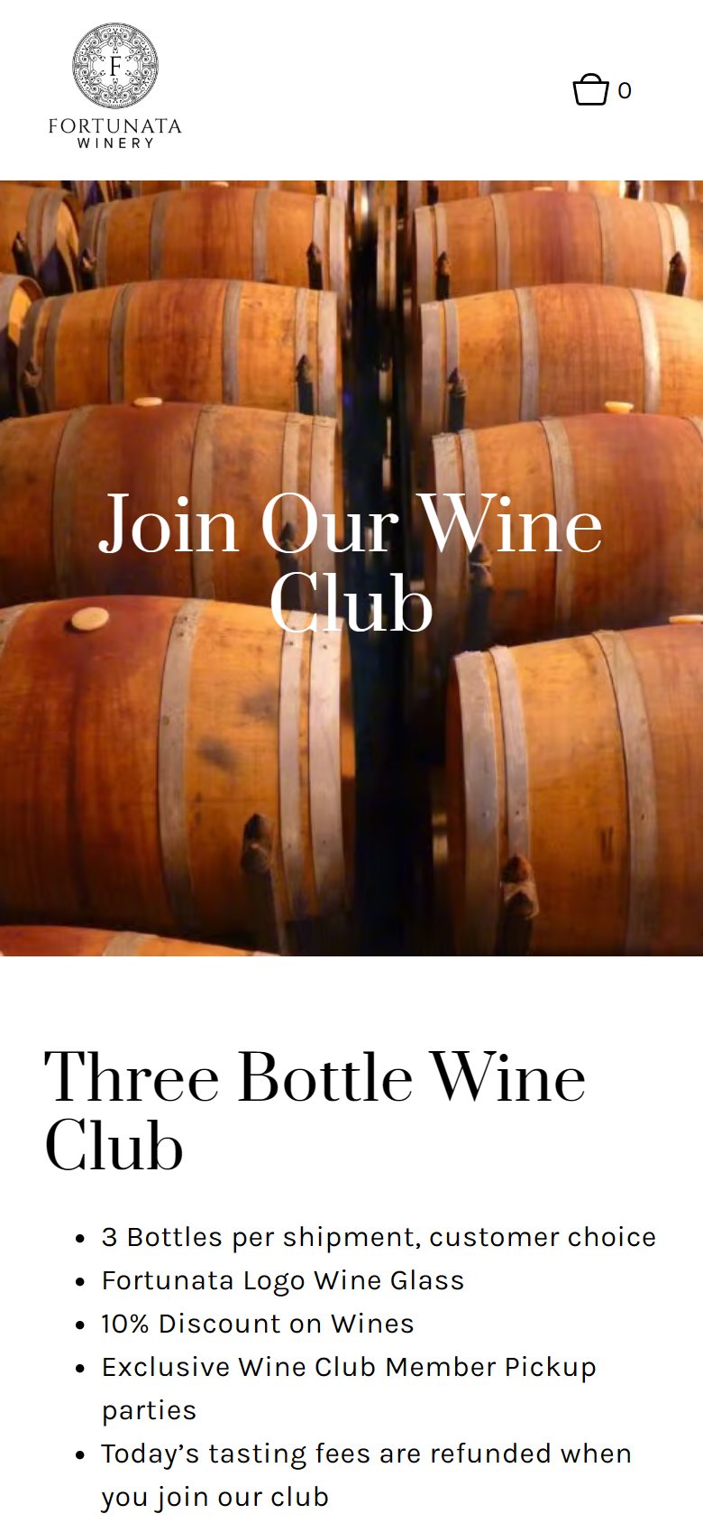 The wine club page on a phone: the barrels under "Join Our Wine Club", above the Three Bottle Wine Club and its benefits.