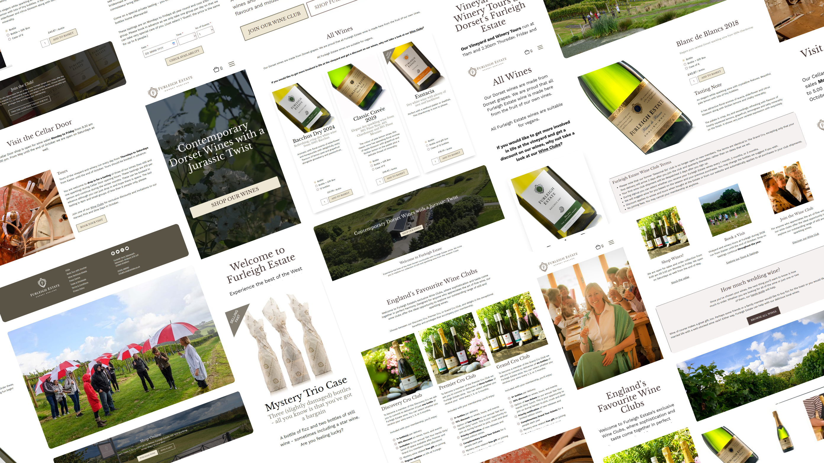Pieces of the Furleigh Estate website and phone screens, from the home page and All Wines to the wine clubs and the cellar door
