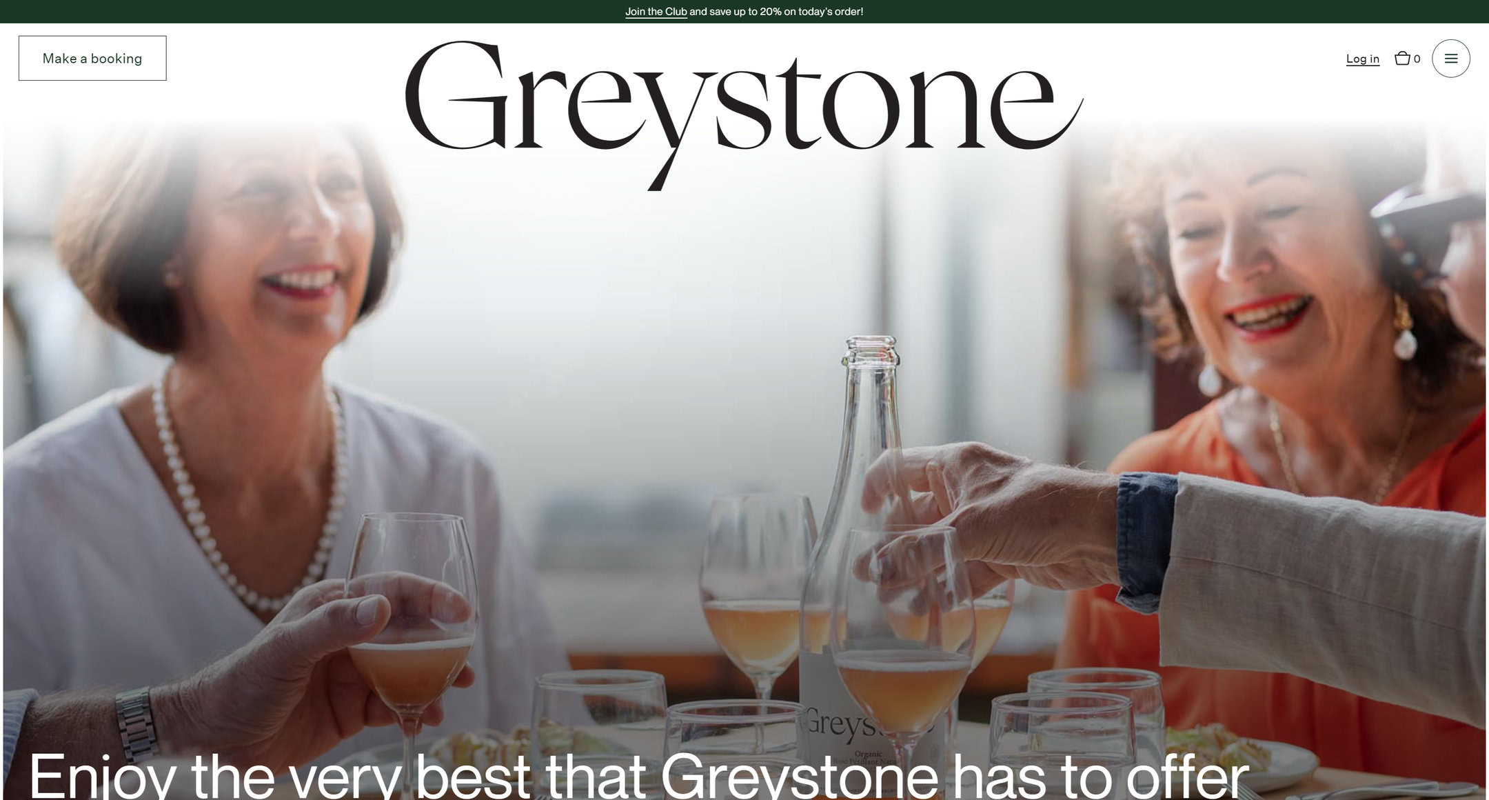 The Greystone Wine Club page in 2024: Enjoy the very best that Greystone has to offer, over friends raising glasses at lunch.