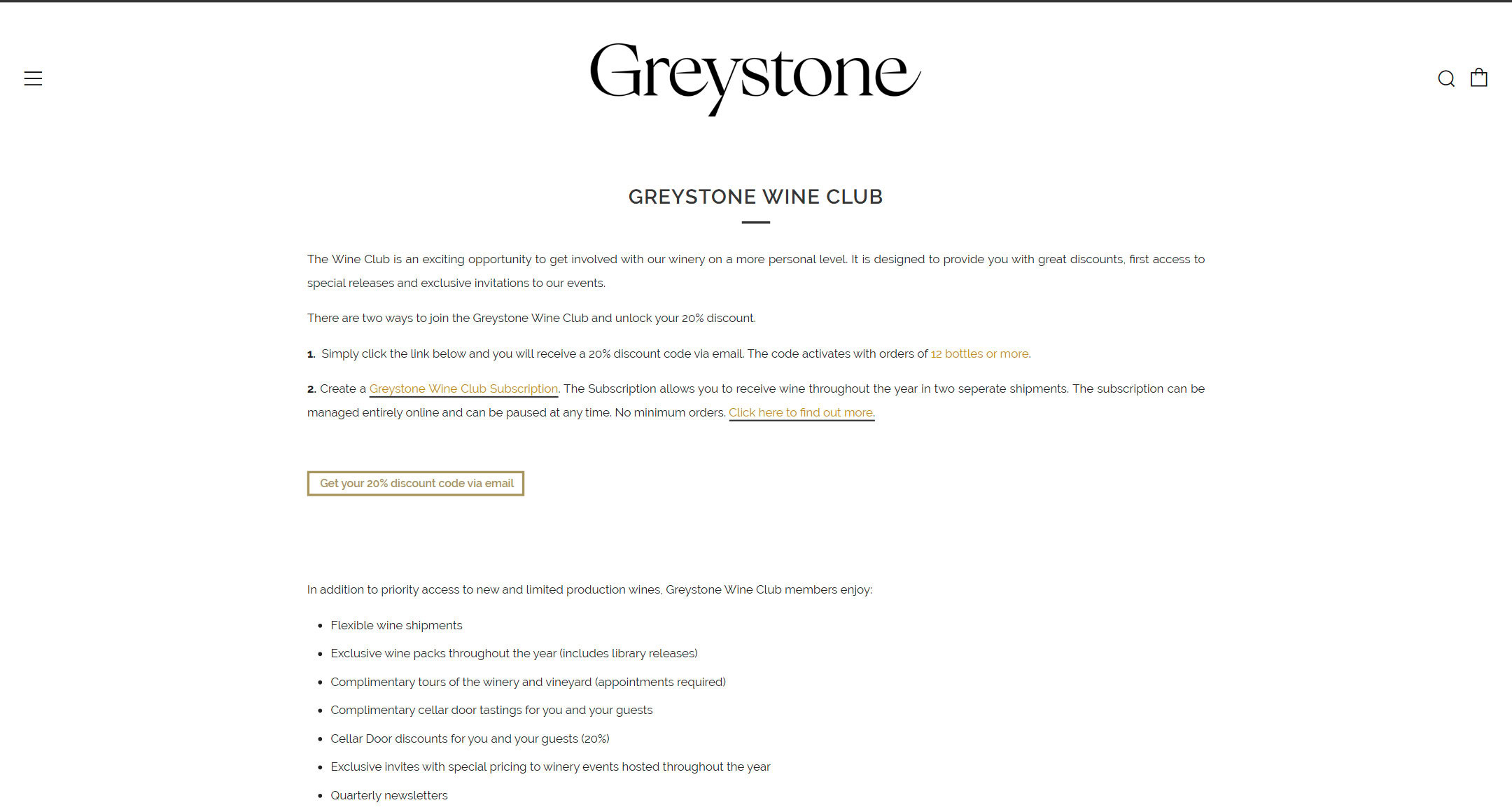 The Greystone Wine Club page in 2020: a page of text about a discount code and a wine subscription.