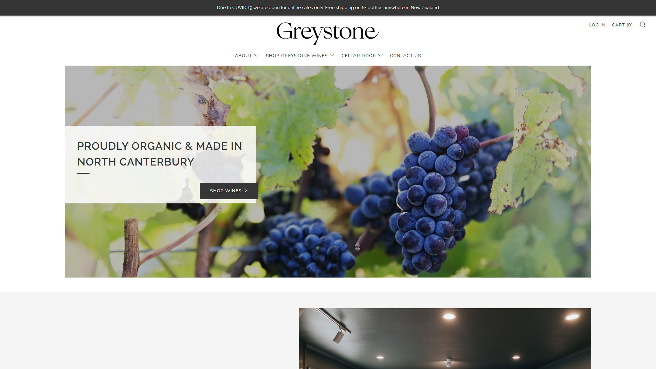 The Greystone home page in 2020: Proudly organic & made in North Canterbury, over Pinot Noir on the vine.
