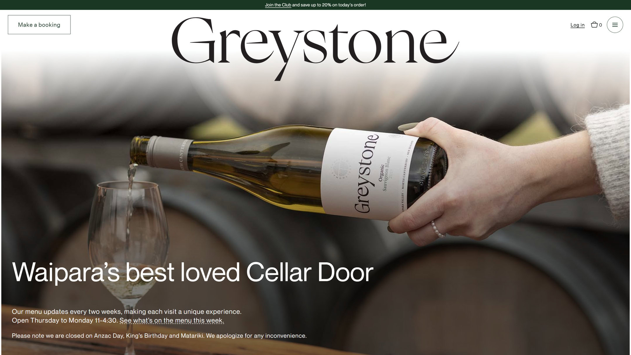 The Greystone Cellar Door page in 2024: Waipara’s best loved Cellar Door, over a bottle poured among the barrels.