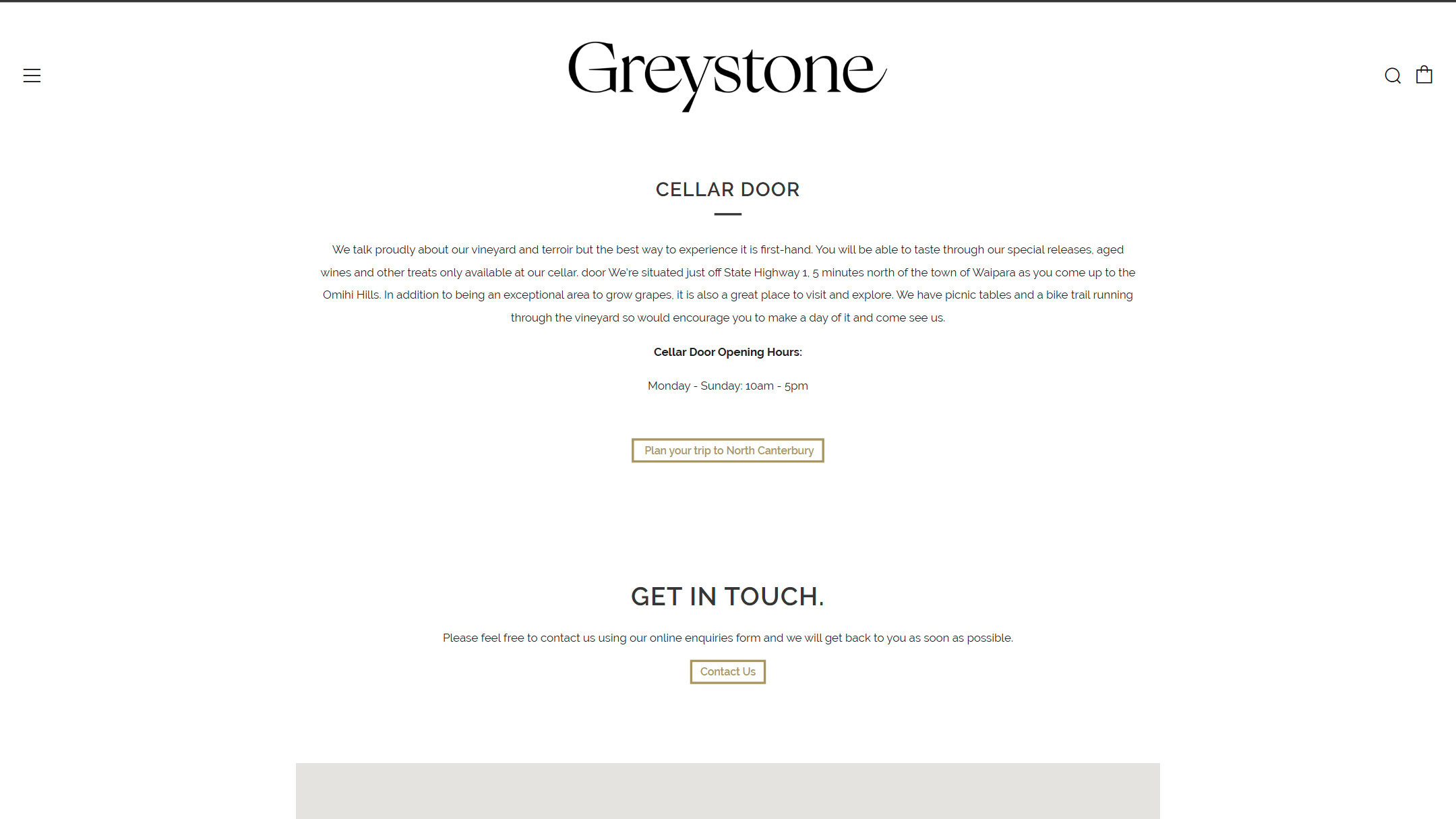The Greystone Cellar Door page in 2020: a block of centered text with opening hours and a button to plan a trip.