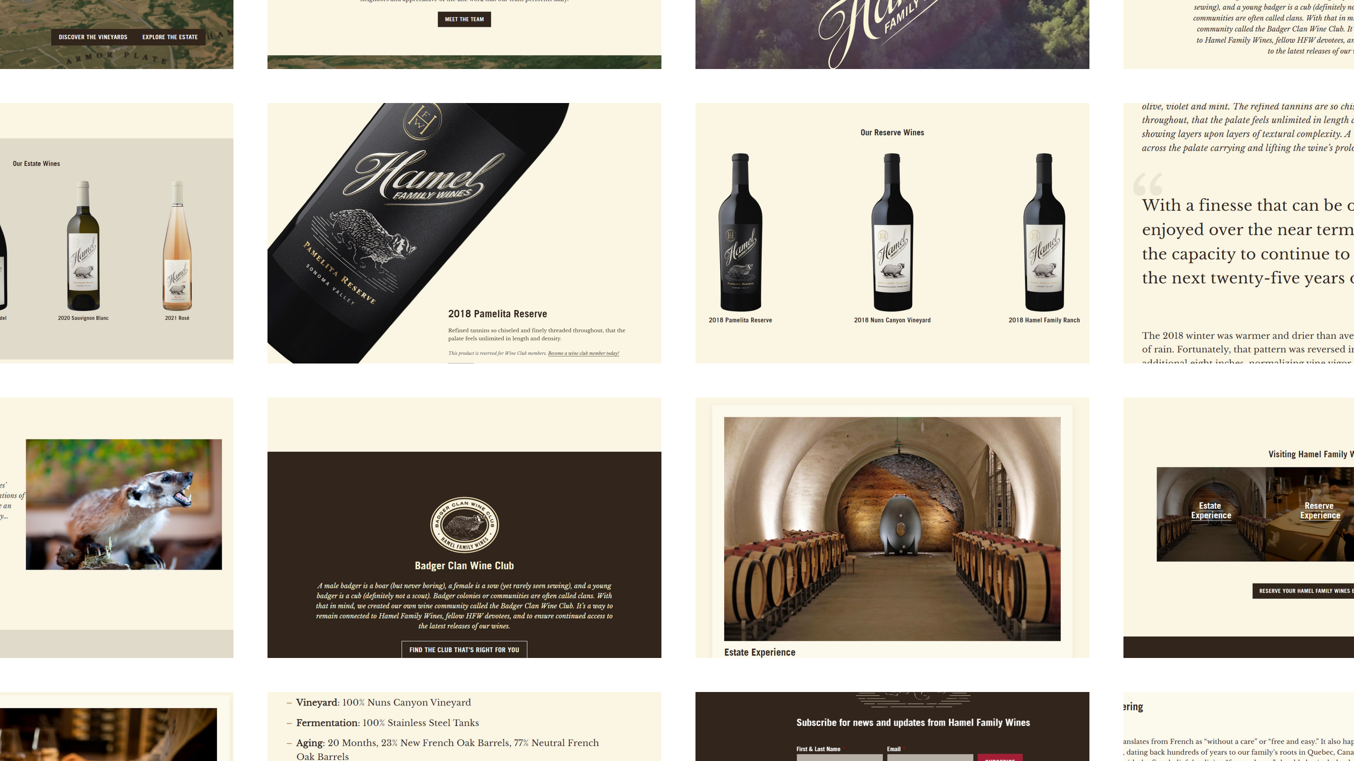 Pieces of the 2022 Hamel Family Wines website: the Pamelita Reserve product page, the Reserve and Estate wines, the Badger Clan Wine Club, the wine cave and the tasting experiences