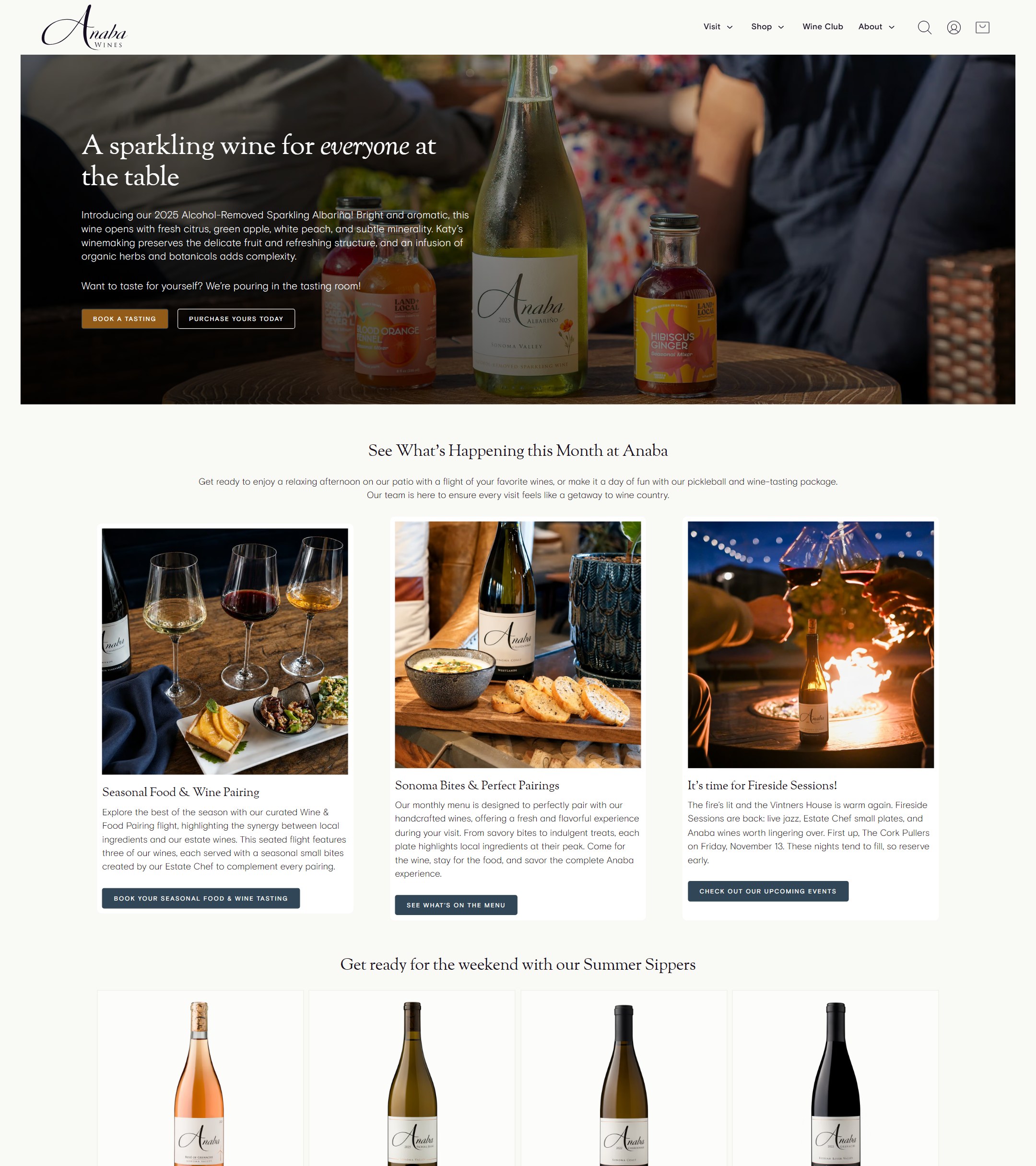 The Anaba Wines home page now: A sparkling wine for everyone at the table, over the month’s events