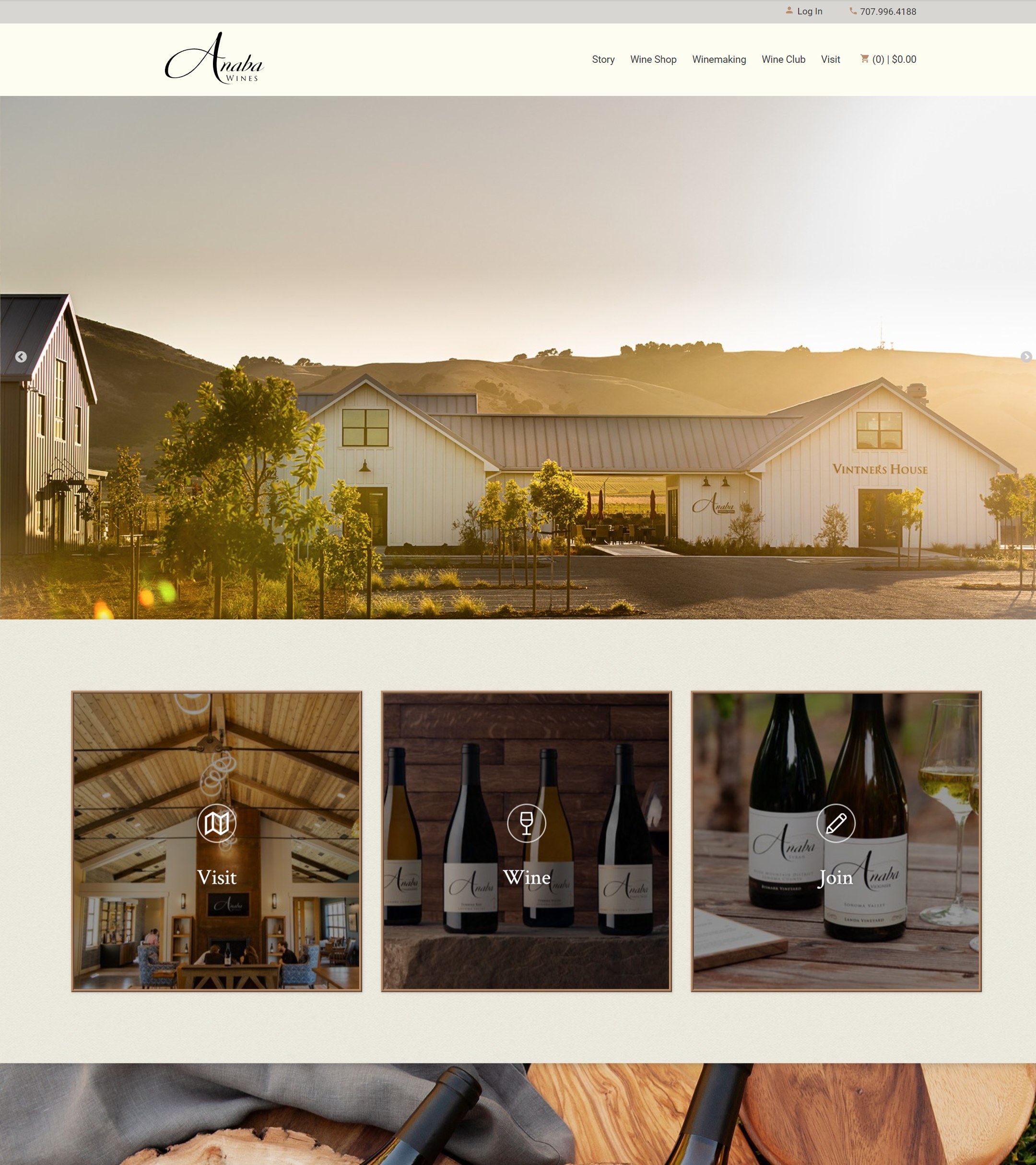 The Anaba Wines home page on WineDirect: the Vintners House at sunset over Visit, Wine and Join tiles