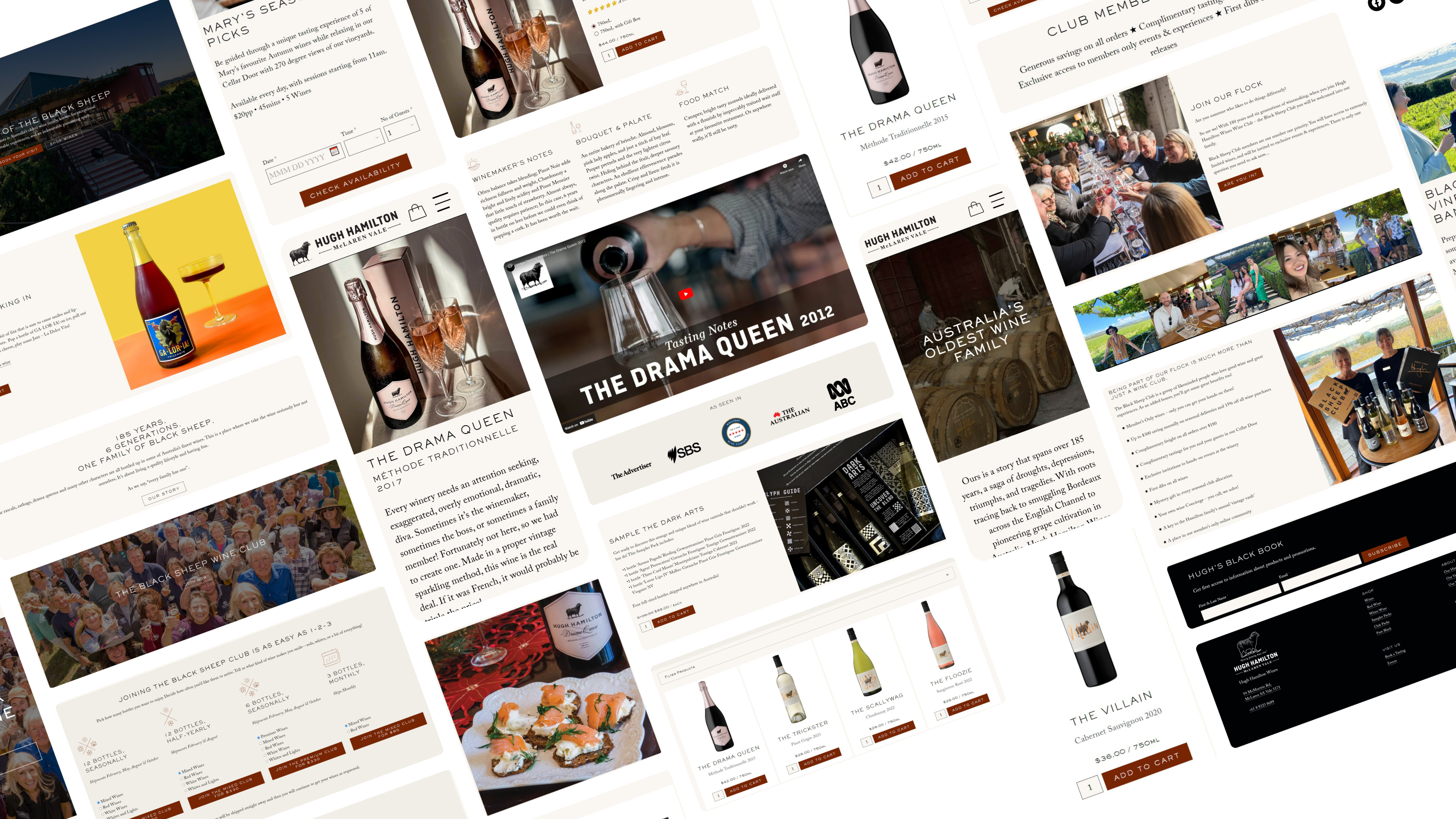 Pieces of the Hugh Hamilton Wines website: product pages, wine cards, club memberships, cellar door tastings and phone screens