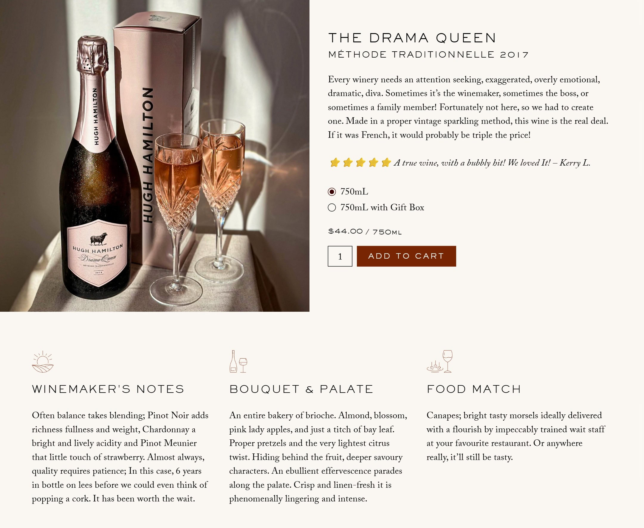 The Drama Queen product page: the bottle, Add to cart, and winemaker’s notes, bouquet and palate, and food match