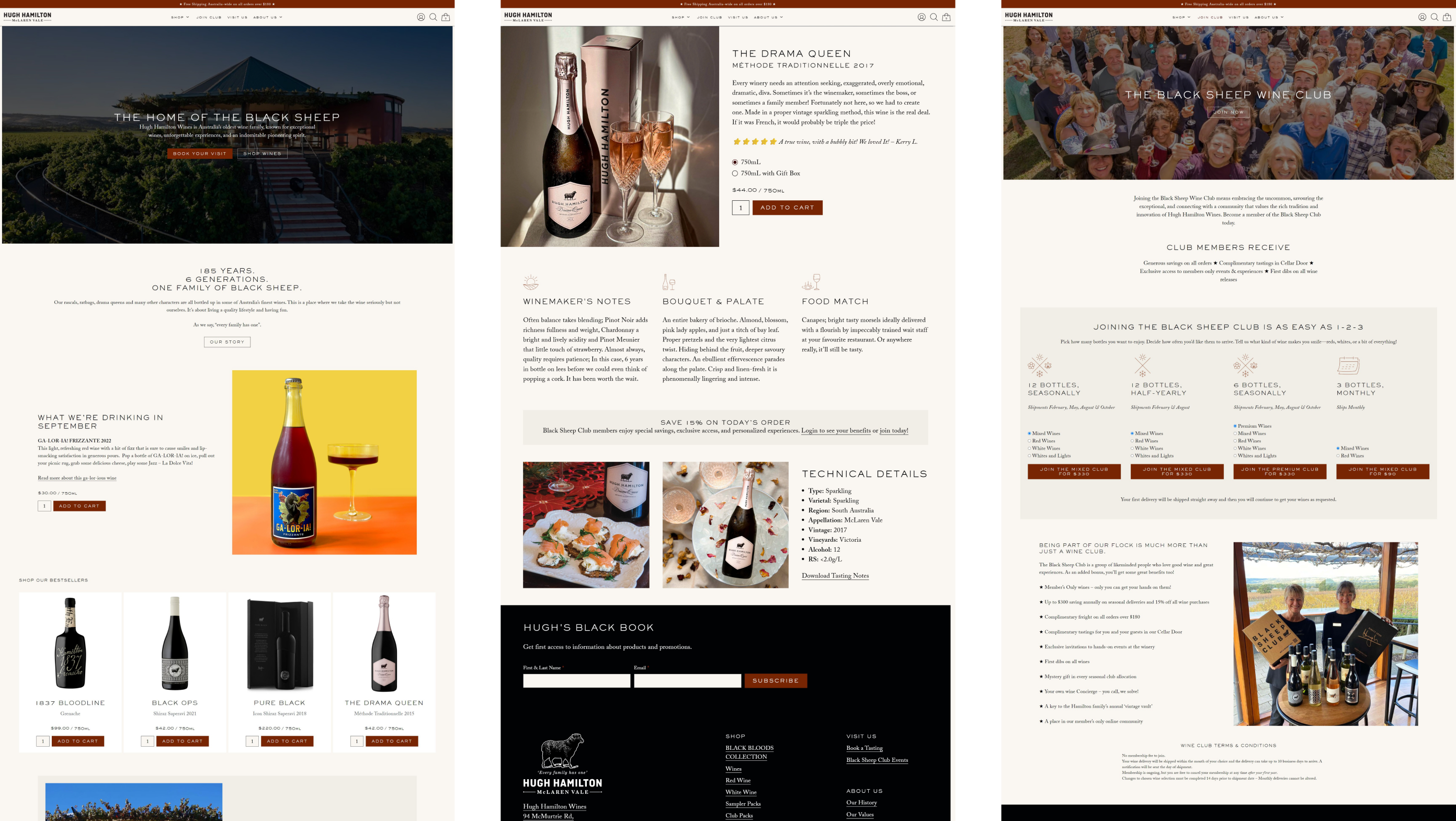 Three Hugh Hamilton Wines pages: the home page, The Drama Queen product page and the Black Sheep Wine Club
