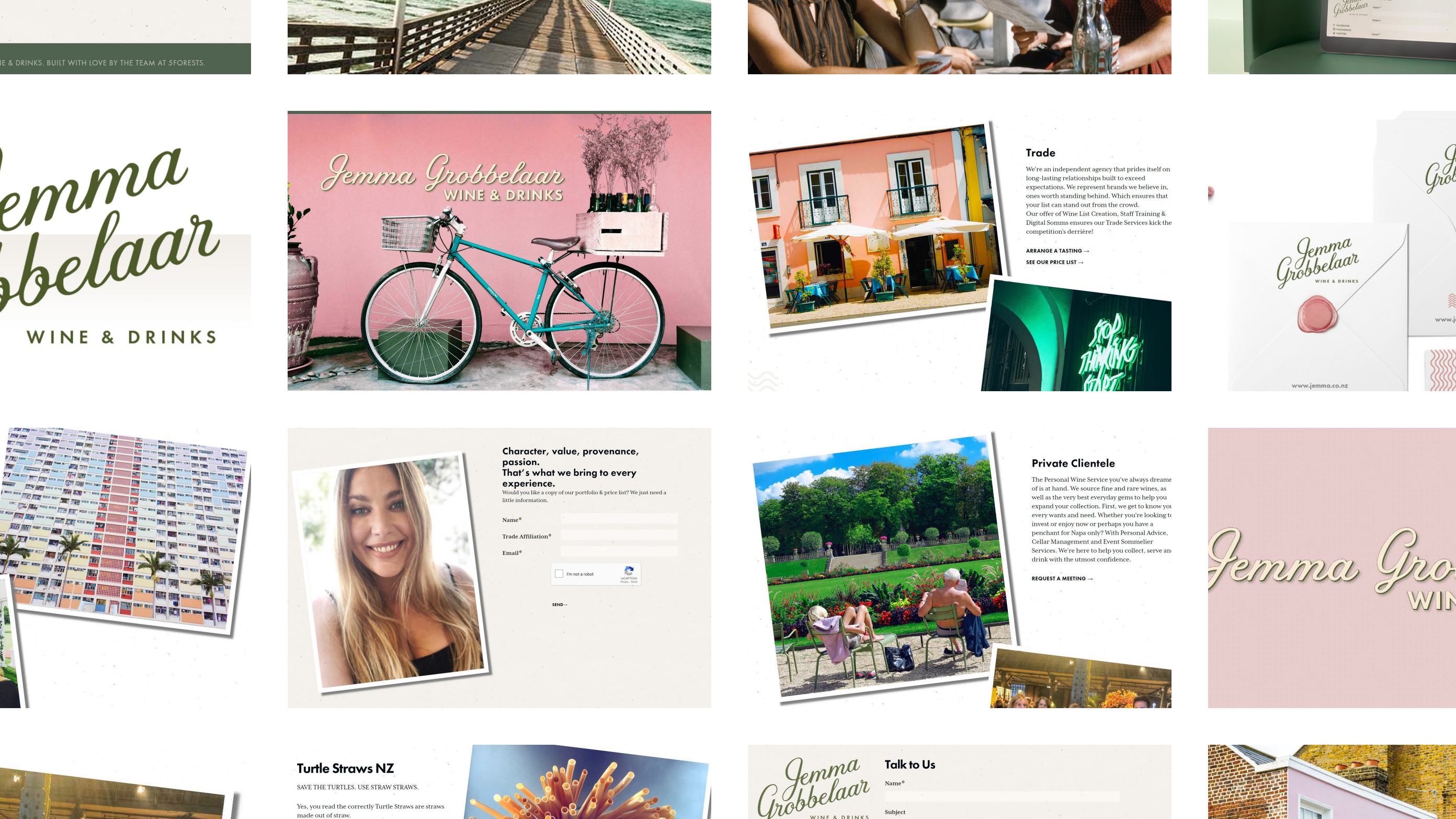 Sections of the Jemma Grobbelaar Wine & Drinks home page alongside her logo and stationery