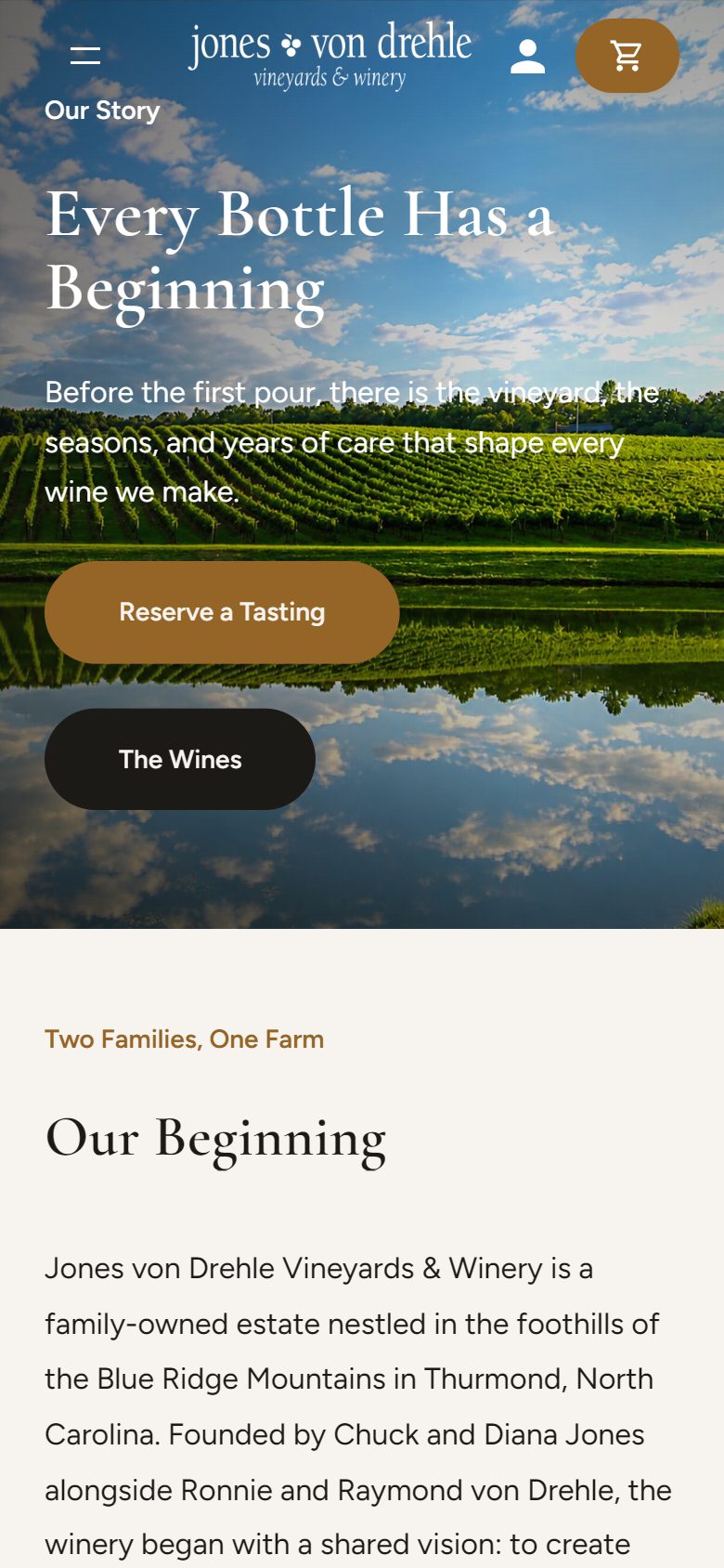 The Our Story page on a phone: "Every Bottle Has a Beginning" above the story of the estate in the foothills of the Blue Ridge Mountains in Thurmond, North Carolina.