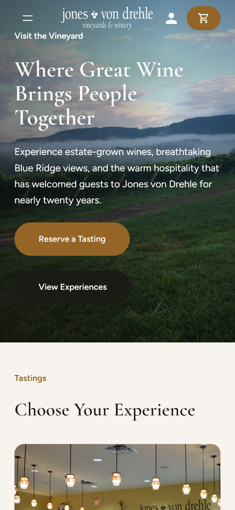 The Visit page on a phone: the misty vineyard view with "Where Great Wine Brings People Together" and Reserve a Tasting and View Experiences buttons.