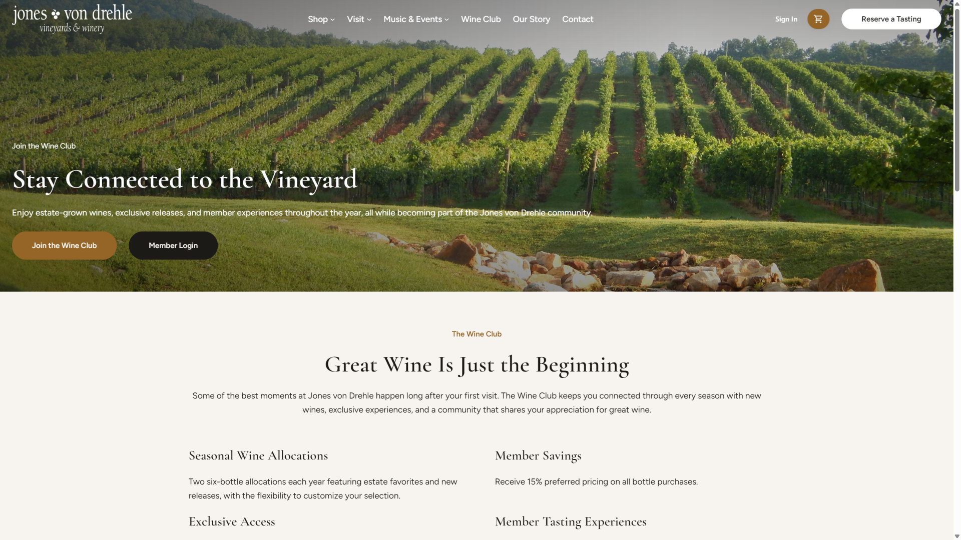The Jones von Drehle wine club page on desktop: vine rows running down a hillside under "Stay Connected to the Vineyard", above "Great Wine Is Just the Beginning" and the member benefits.