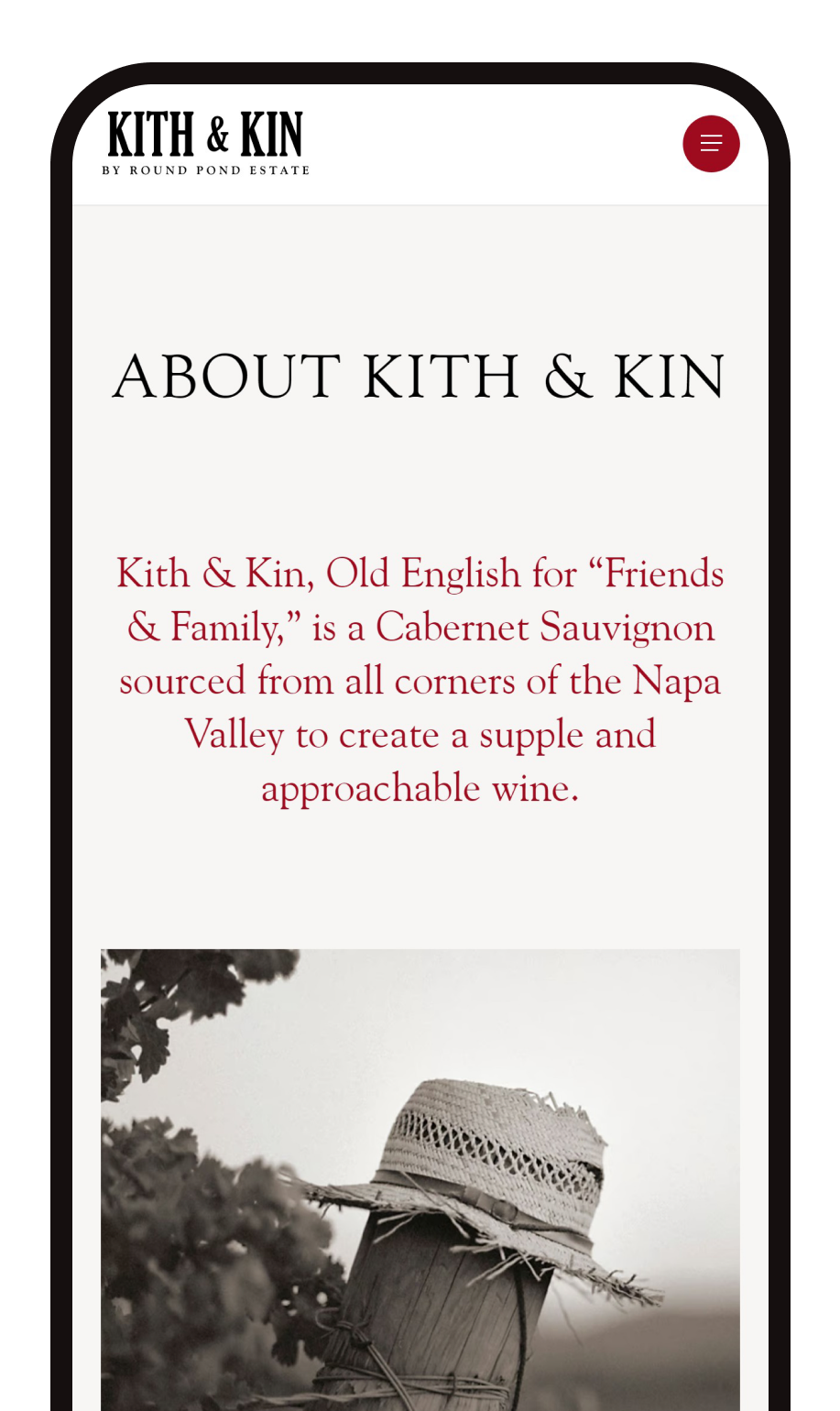 The About Kith & Kin page on a phone