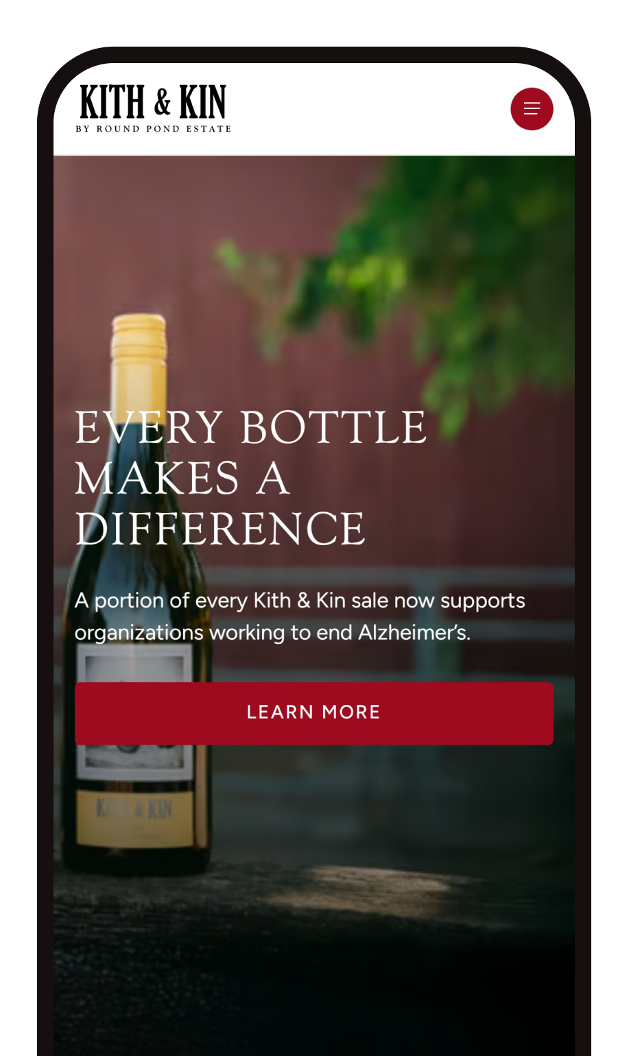 The Kith & Kin Cellars home page on a phone