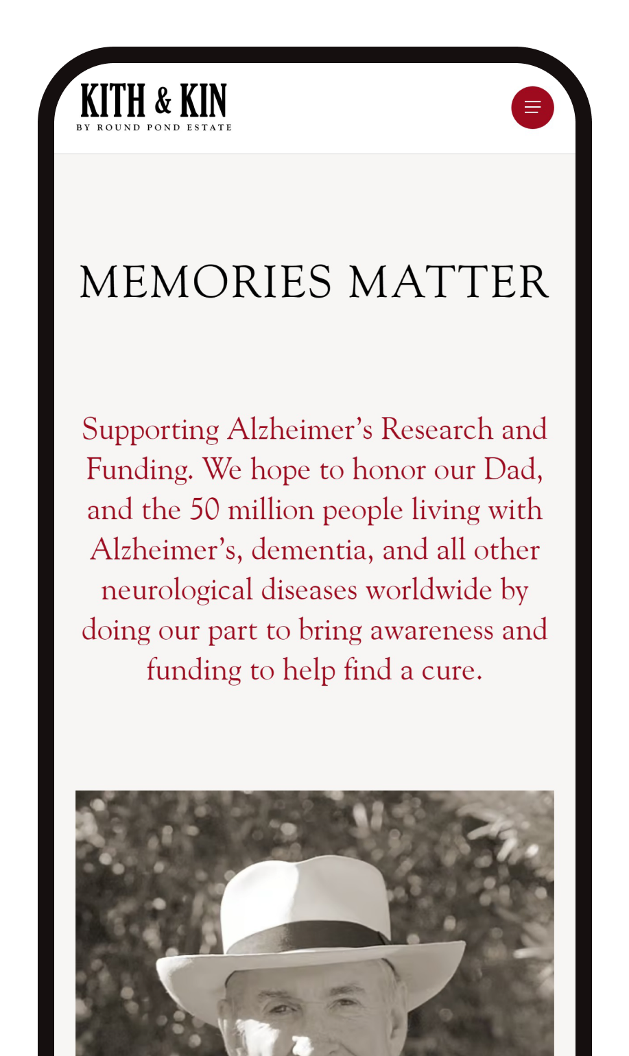 The Kith & Kin Our Mission page, Memories Matter, on a phone