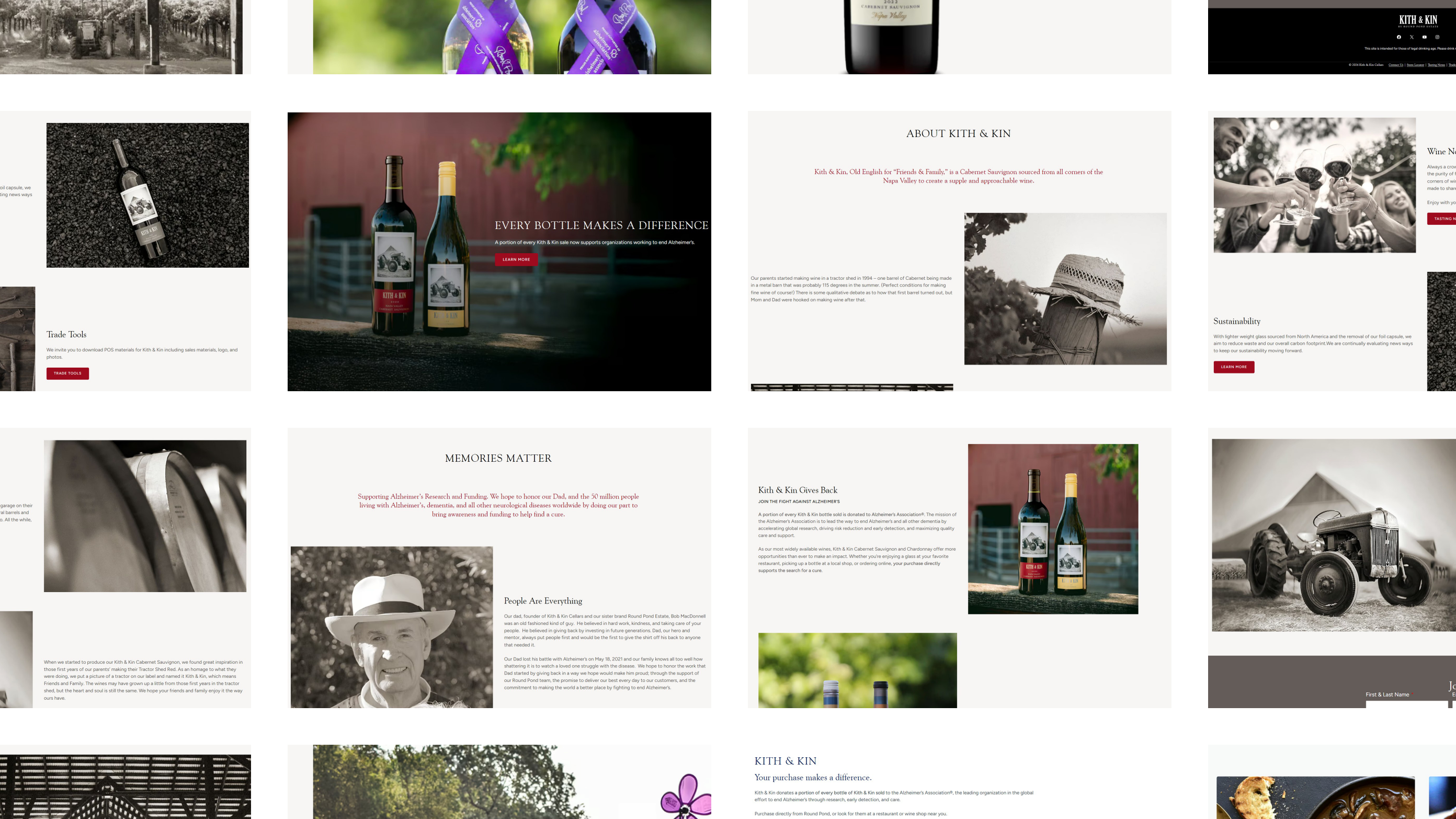 Sections of the Kith & Kin Cellars website: the home page, About Kith & Kin, Memories Matter and Kith & Kin Gives Back