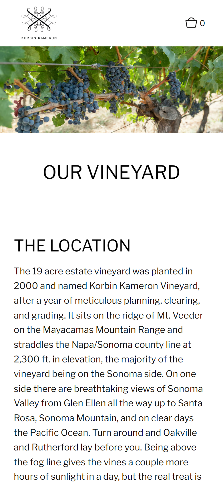 The Our Vineyard page on a phone: the grape clusters above a description of the 19-acre estate vineyard on the ridge of Mt. Veeder.