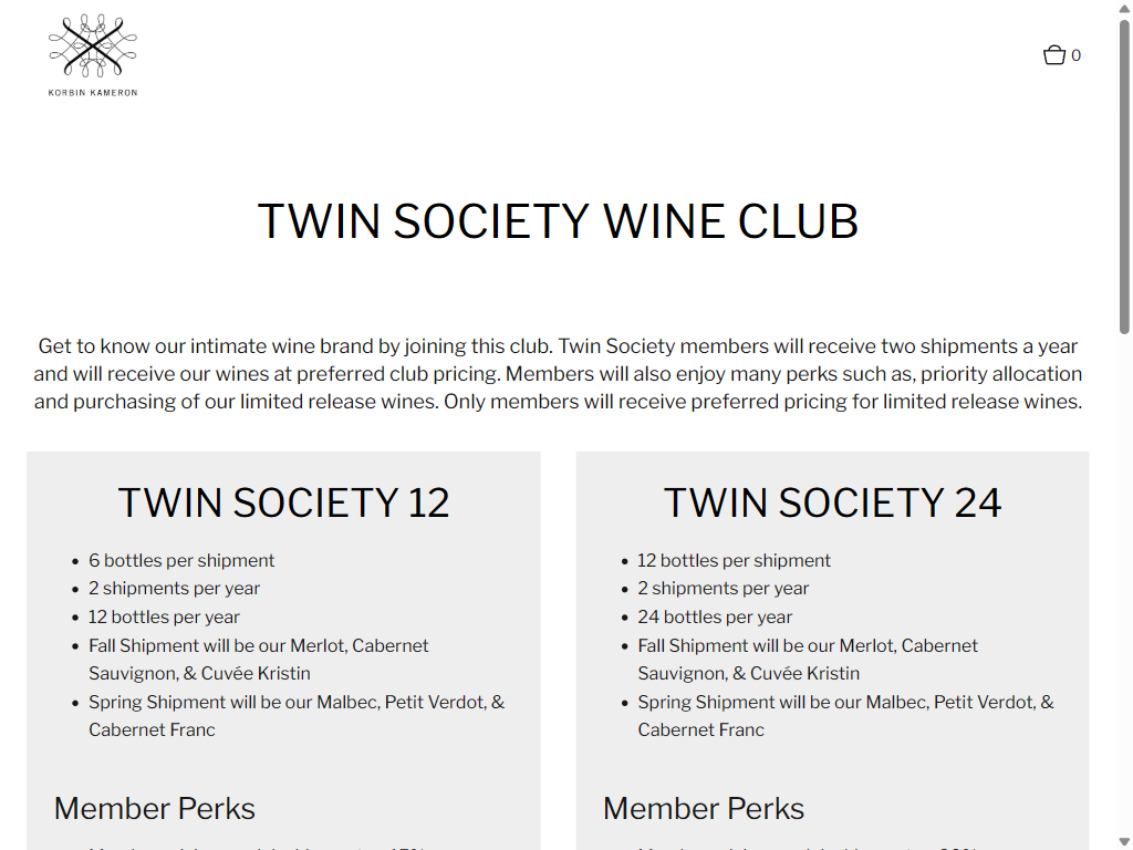 The Twin Society Wine Club page on a tablet, comparing the Twin Society 12 and Twin Society 24 memberships and their shipments.