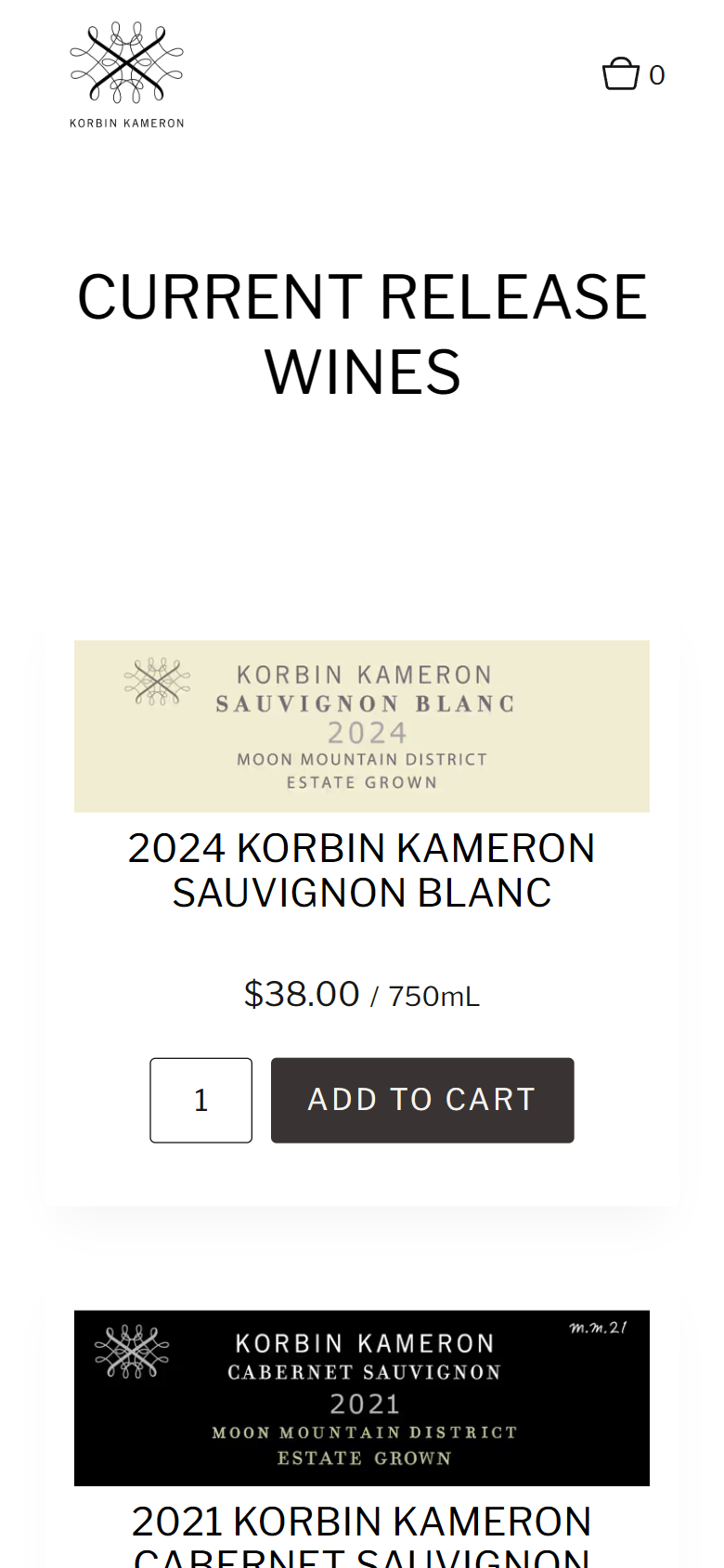 The Current Release Wines shop on a phone, showing the 2024 Korbin Kameron Sauvignon Blanc at $38.00 with an Add to Cart button.