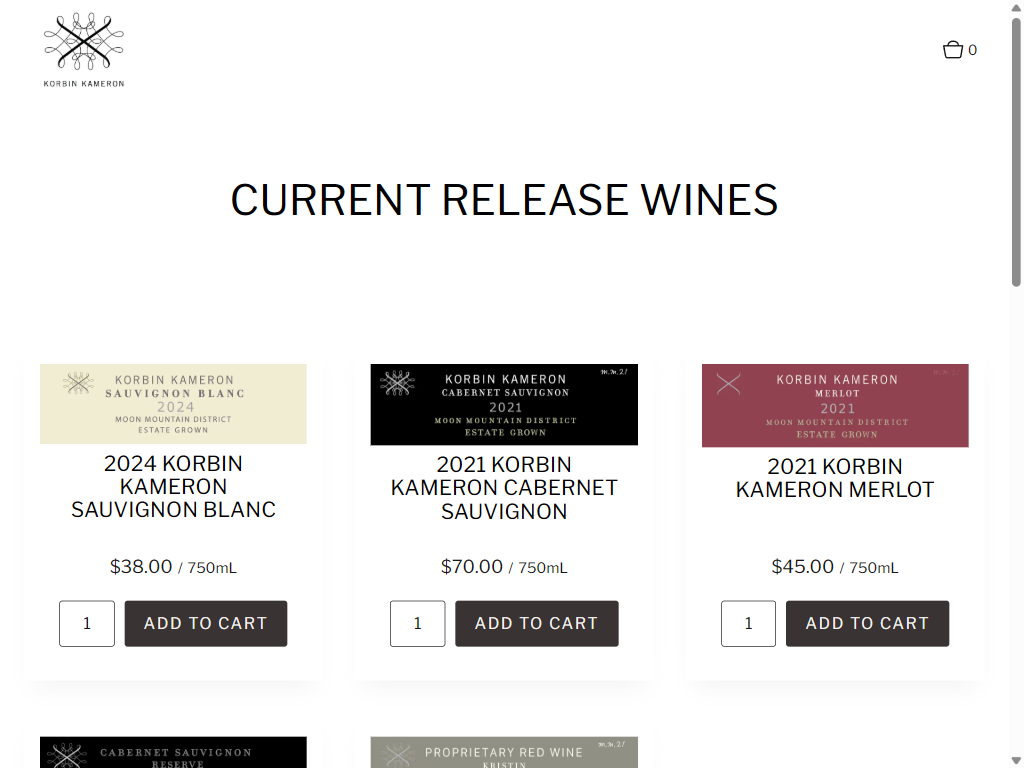 The Current Release Wines shop on a tablet, showing the 2024 Sauvignon Blanc at $38.00, the 2021 Cabernet Sauvignon at $70.00 and the 2021 Merlot at $45.00.