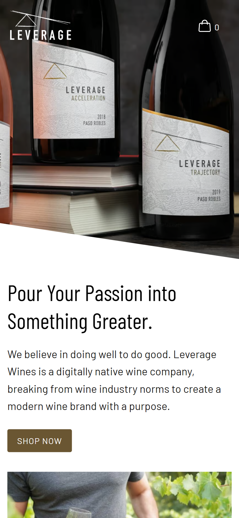 The Leverage home page on a phone: the three bottles above "Pour Your Passion into Something Greater." and a Shop Now button.