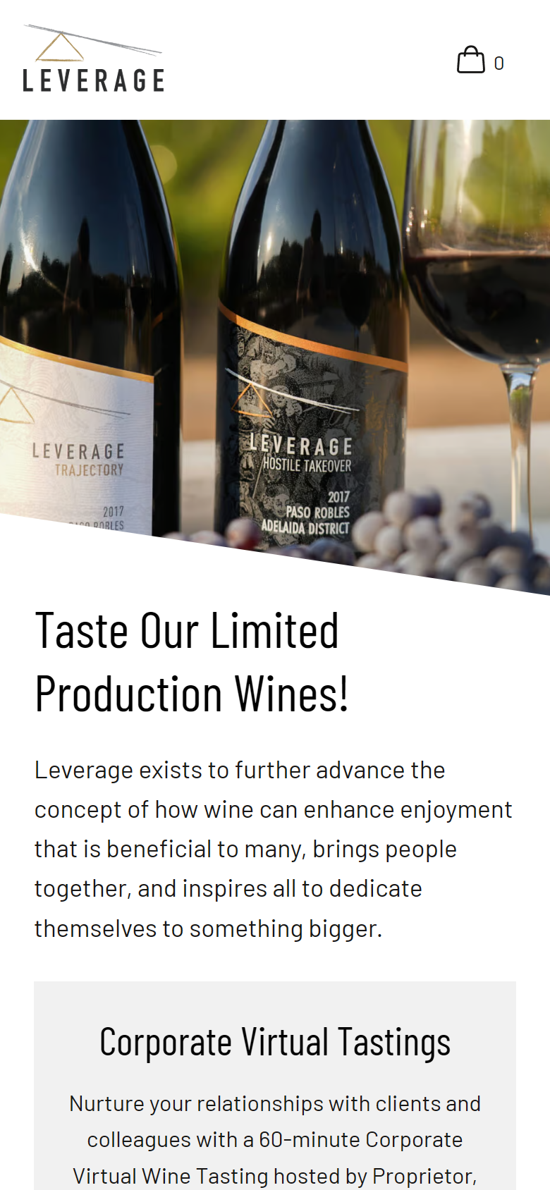 The Tastings and Events page on a phone, with the bottles and glass above "Taste Our Limited Production Wines!" and a Corporate Virtual Tastings card.